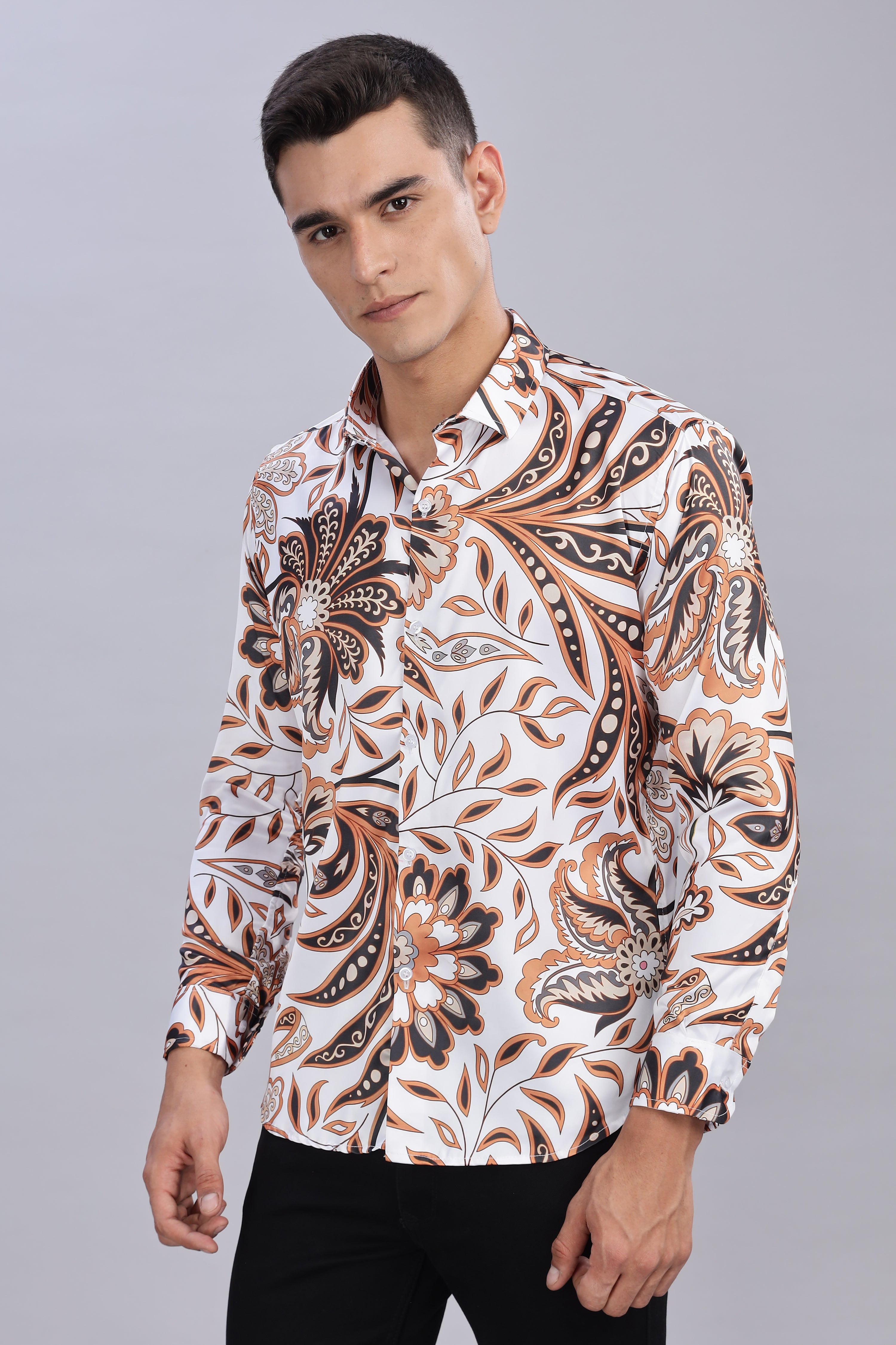SMOKE FLORAL PRINTED SATIN SHIRT [white]