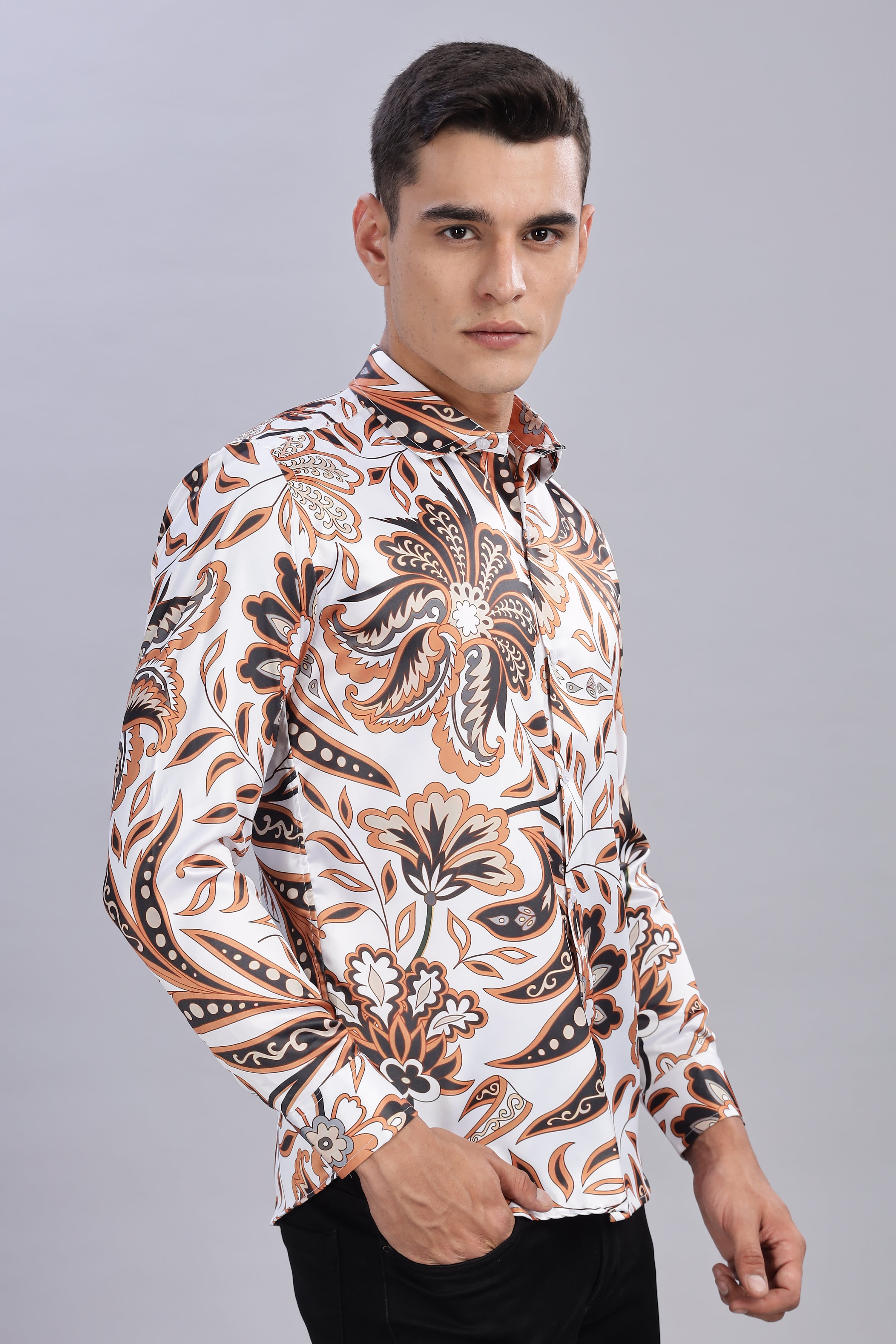 SMOKE FLORAL PRINTED SATIN SHIRT [white]