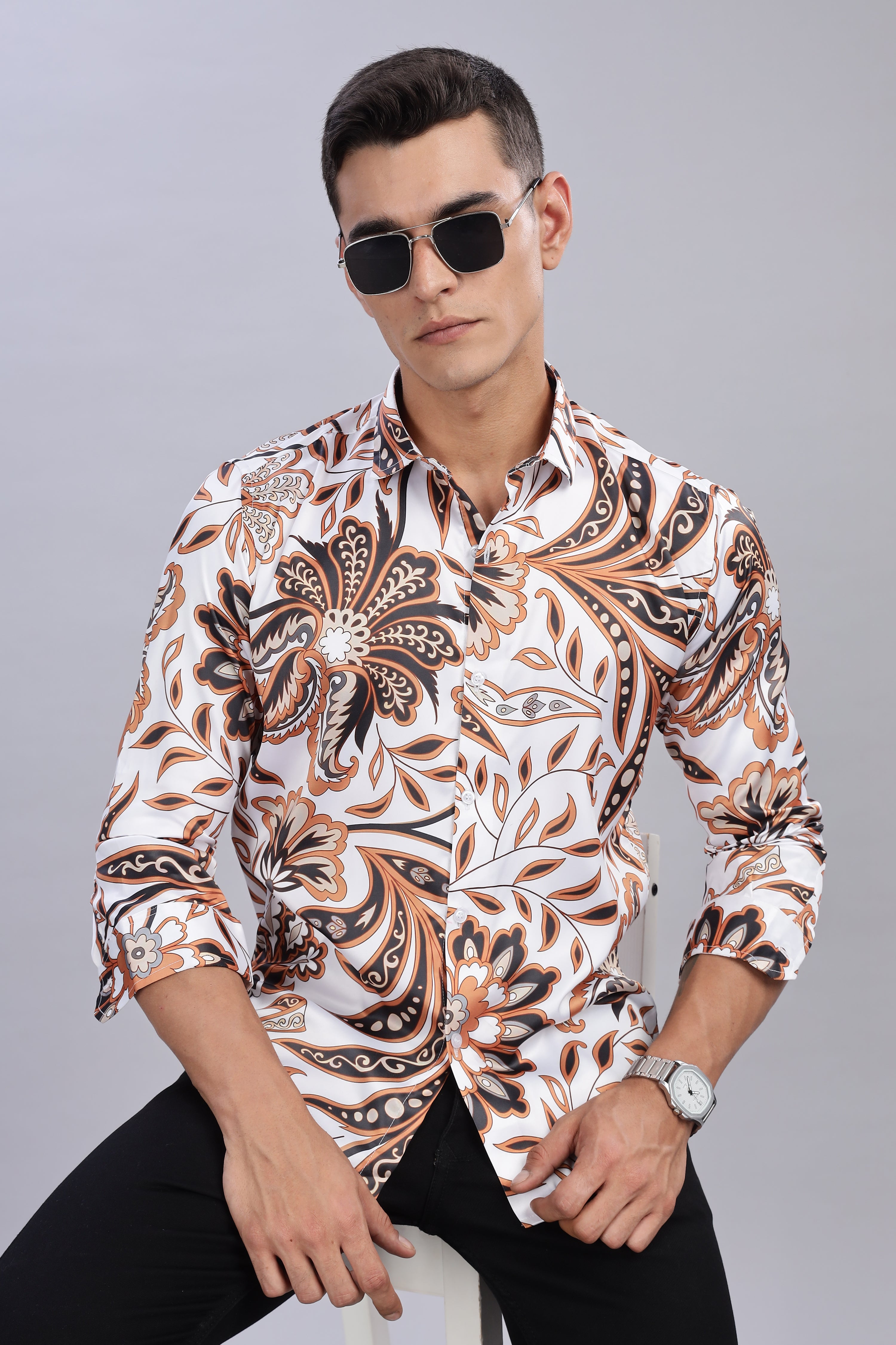 SMOKE FLORAL PRINTED SATIN SHIRT [white]