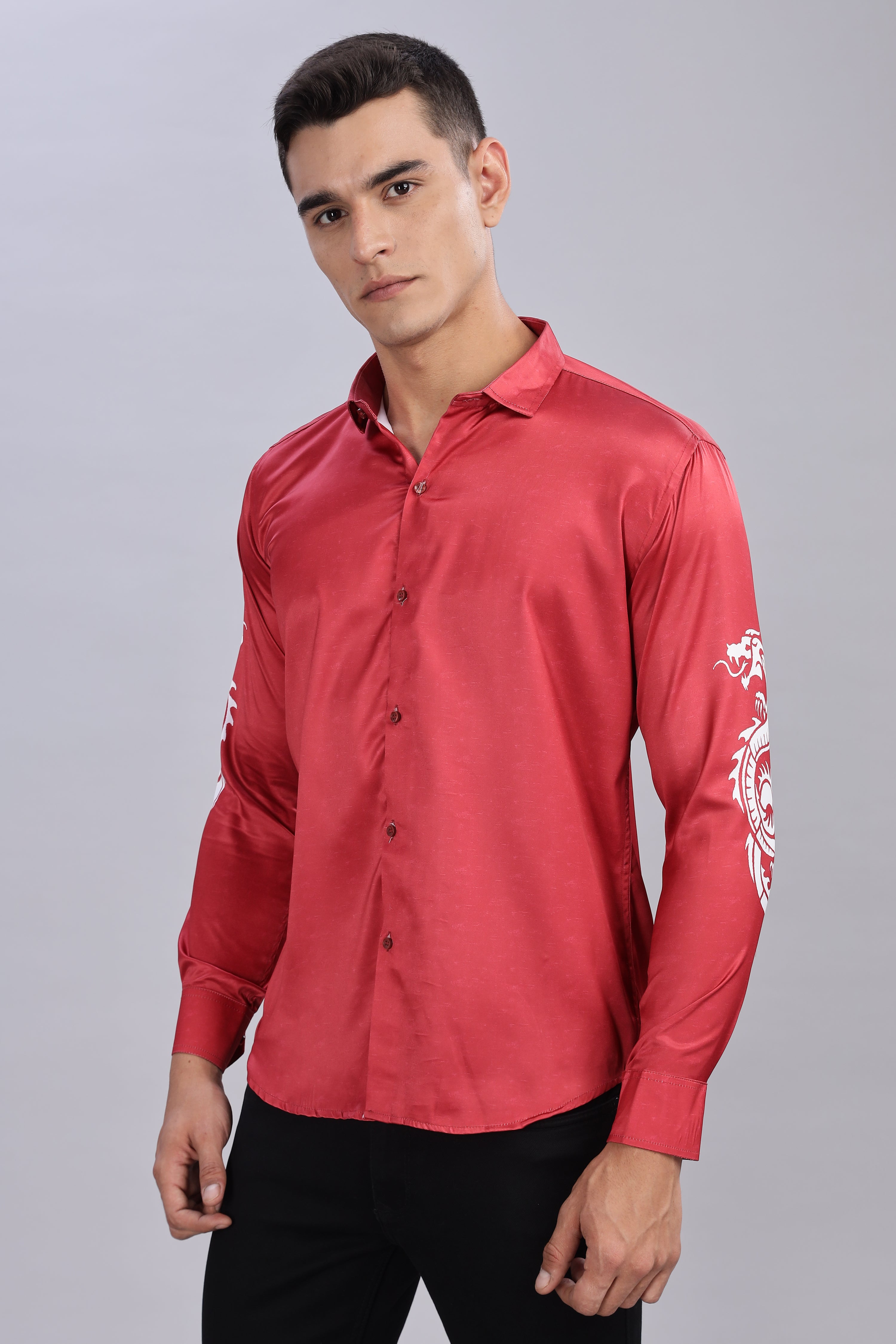 SMOKE DRAGON PRINT SATIN SHIRT [red]