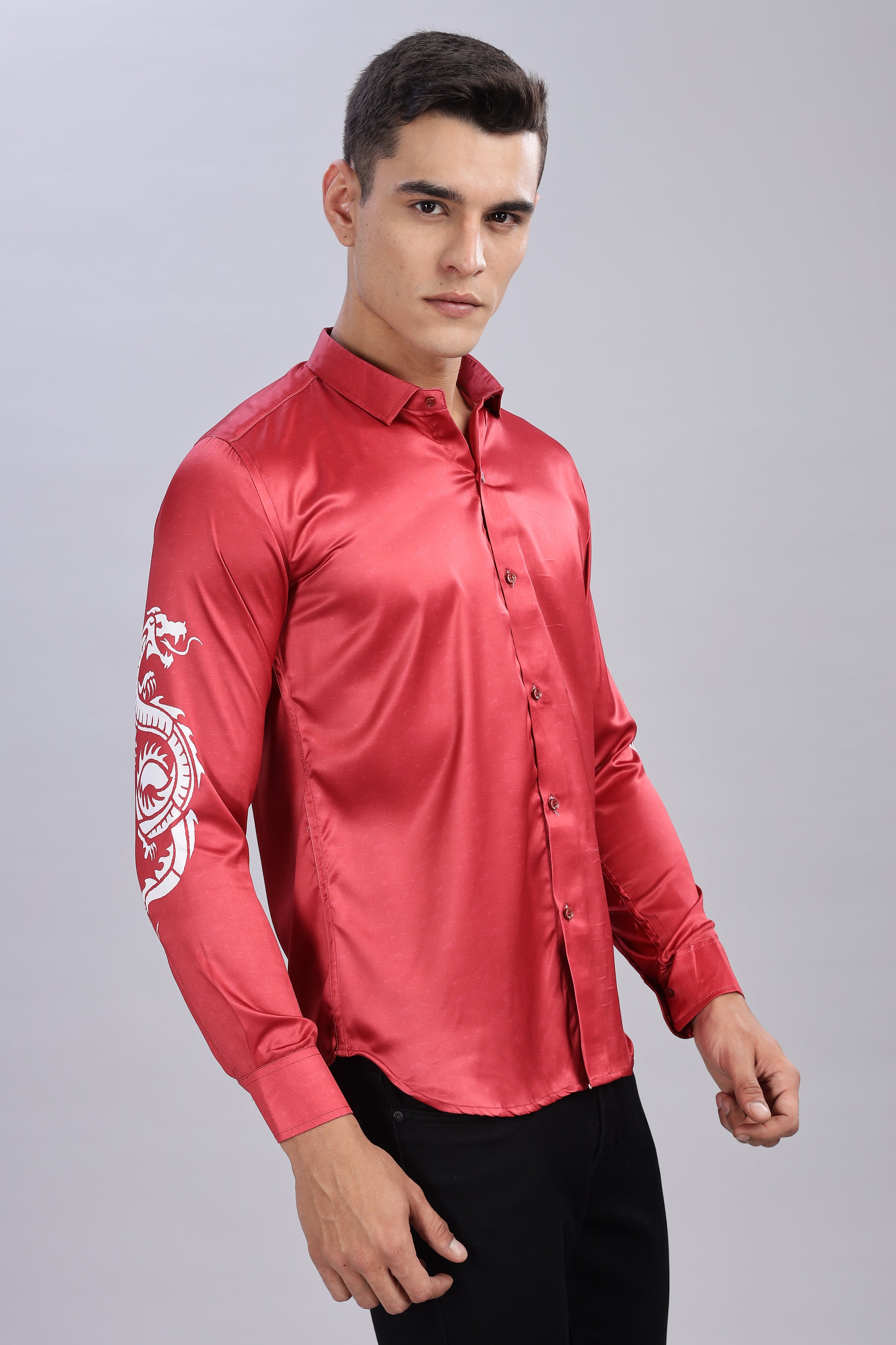 SMOKE DRAGON PRINT SATIN SHIRT [red]
