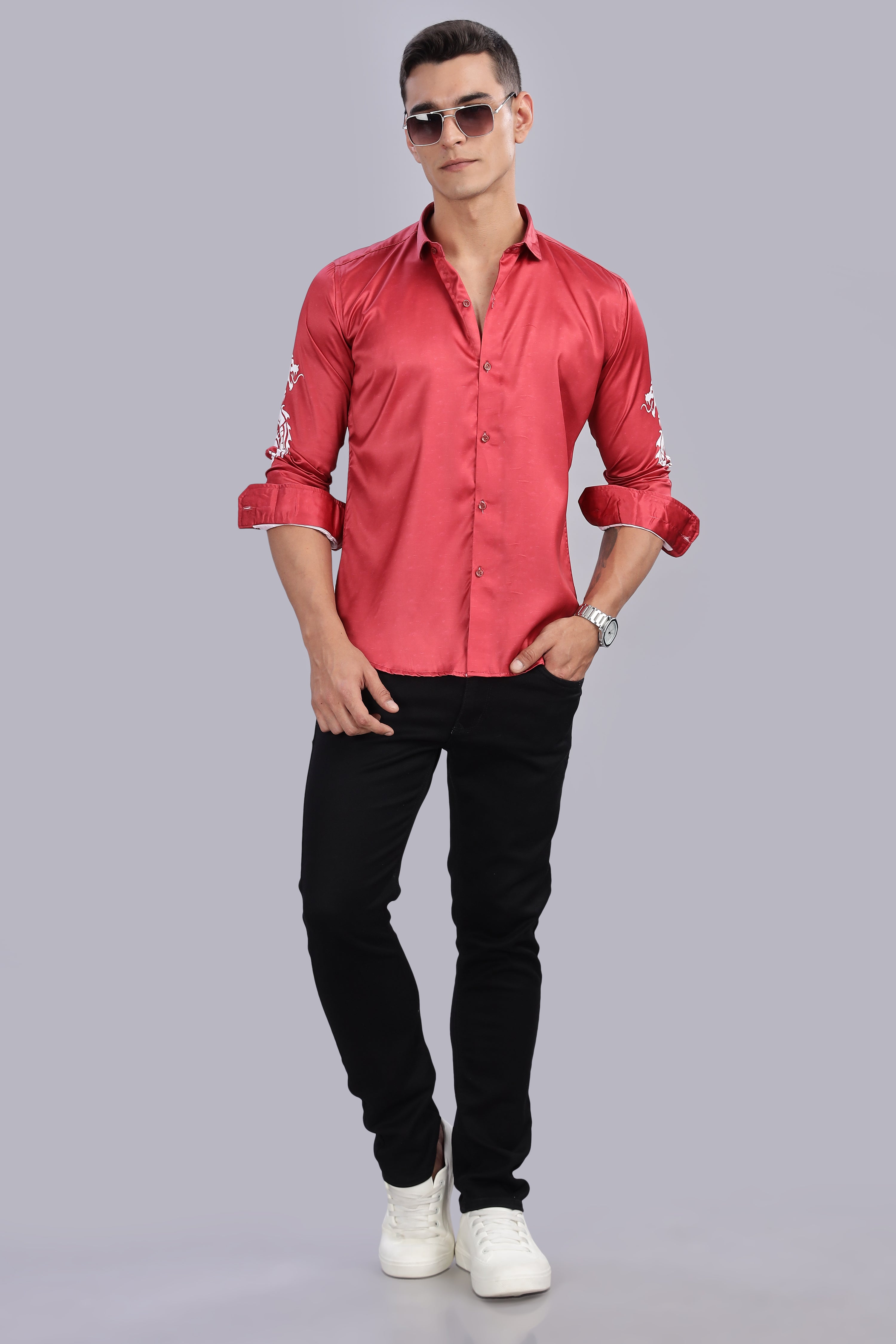 SMOKE DRAGON PRINT SATIN SHIRT [red]