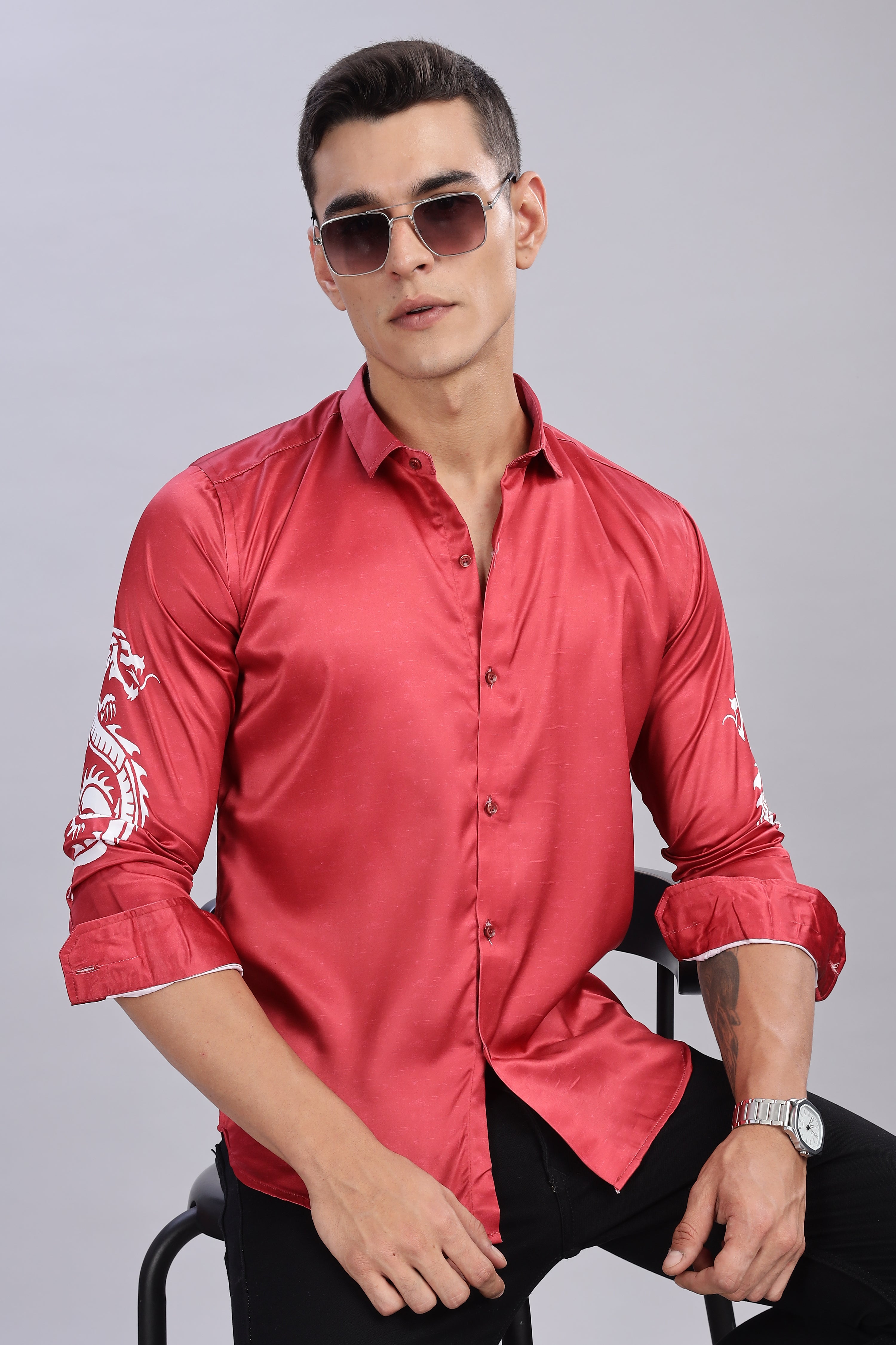 SMOKE DRAGON PRINT SATIN SHIRT [red]