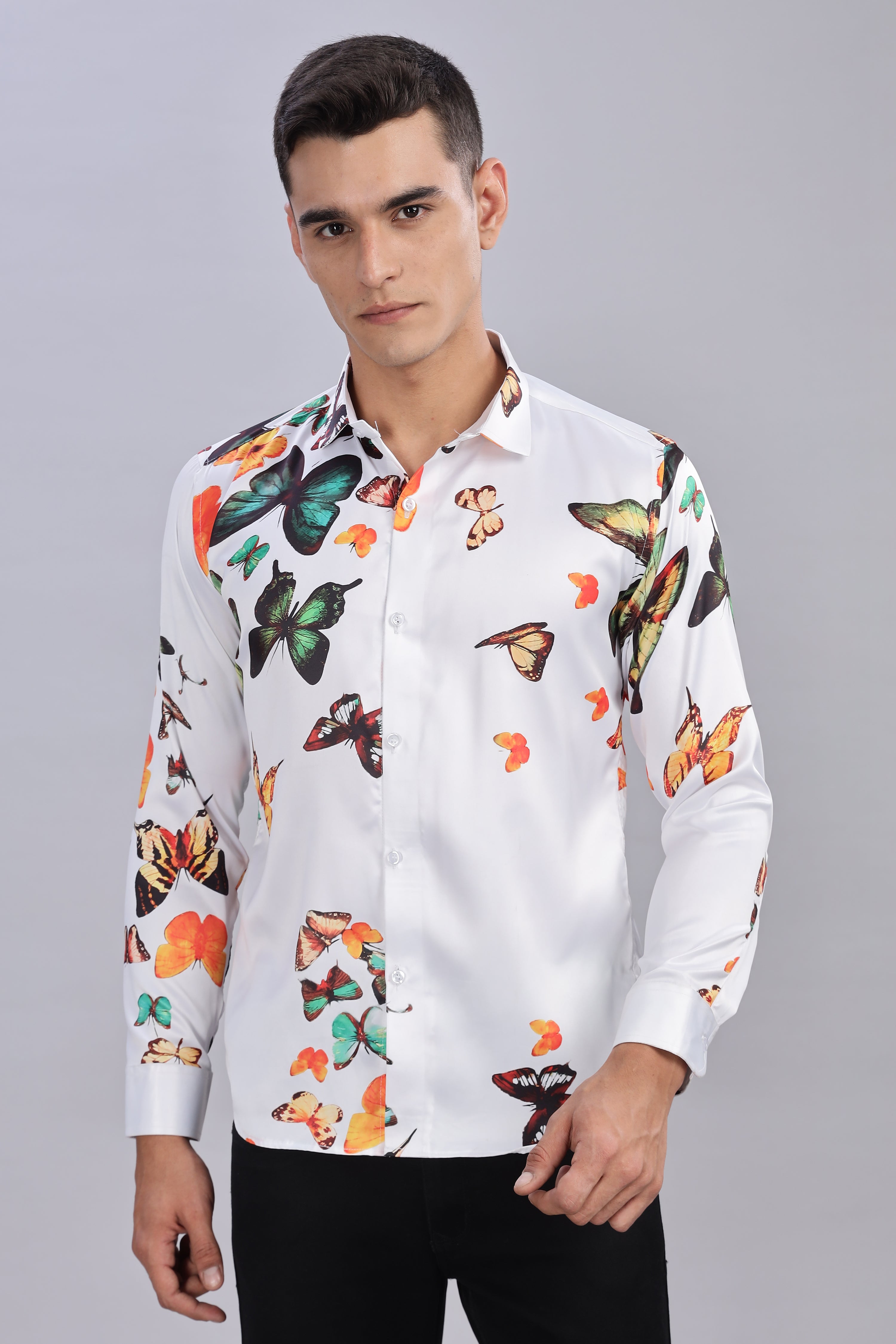 SMOKE BUTTERFLY SATIN PRINTED SHIRT [WHITE]