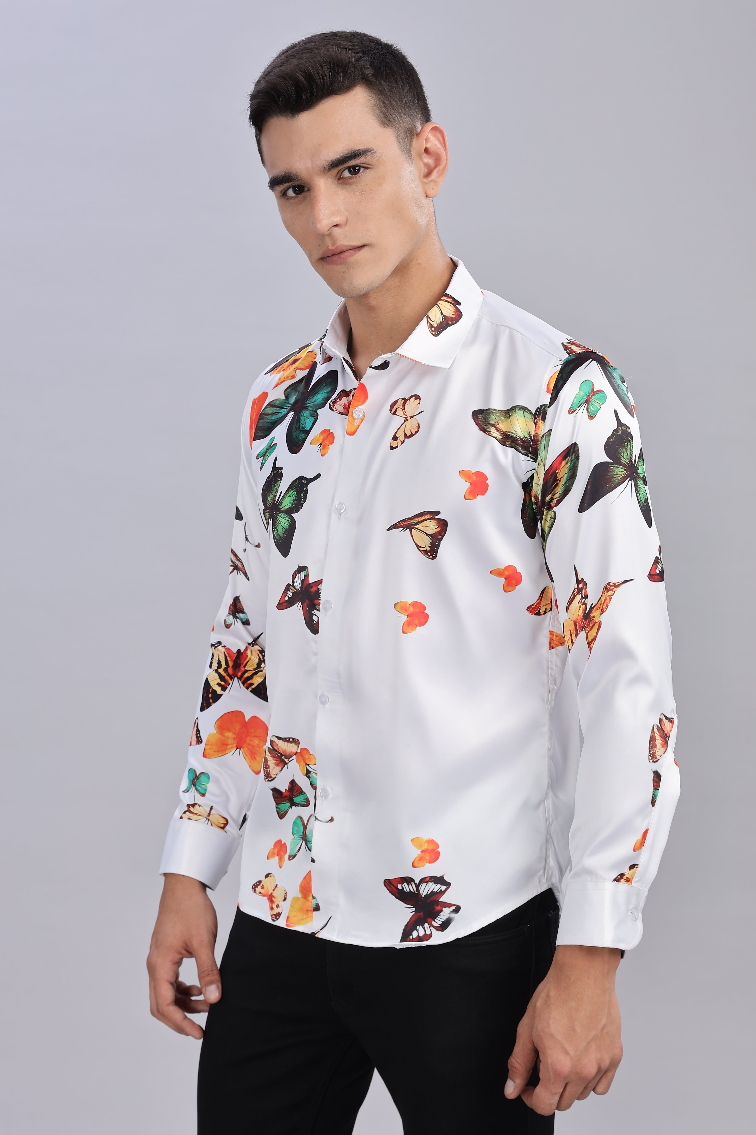 SMOKE BUTTERFLY SATIN PRINTED SHIRT [WHITE]