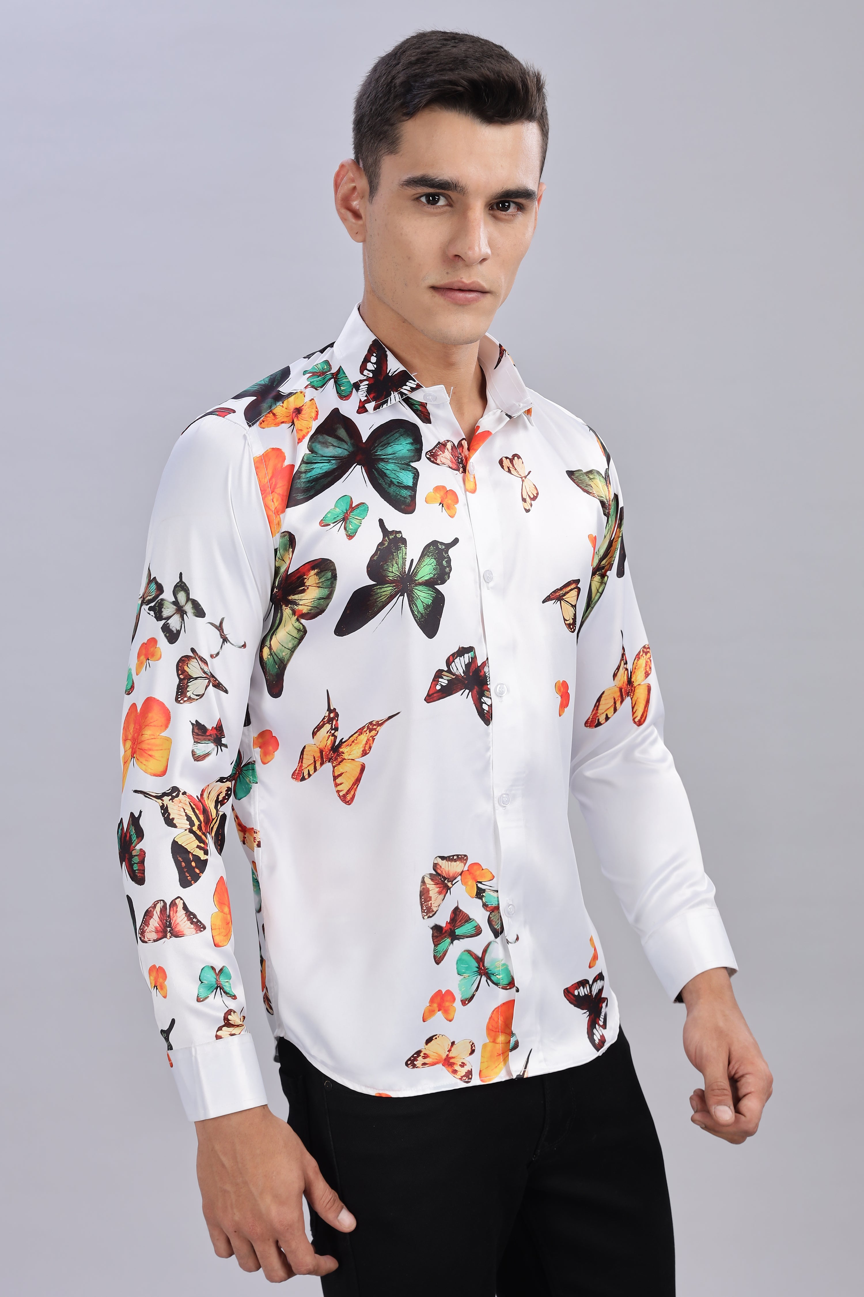 SMOKE BUTTERFLY SATIN PRINTED SHIRT [WHITE]