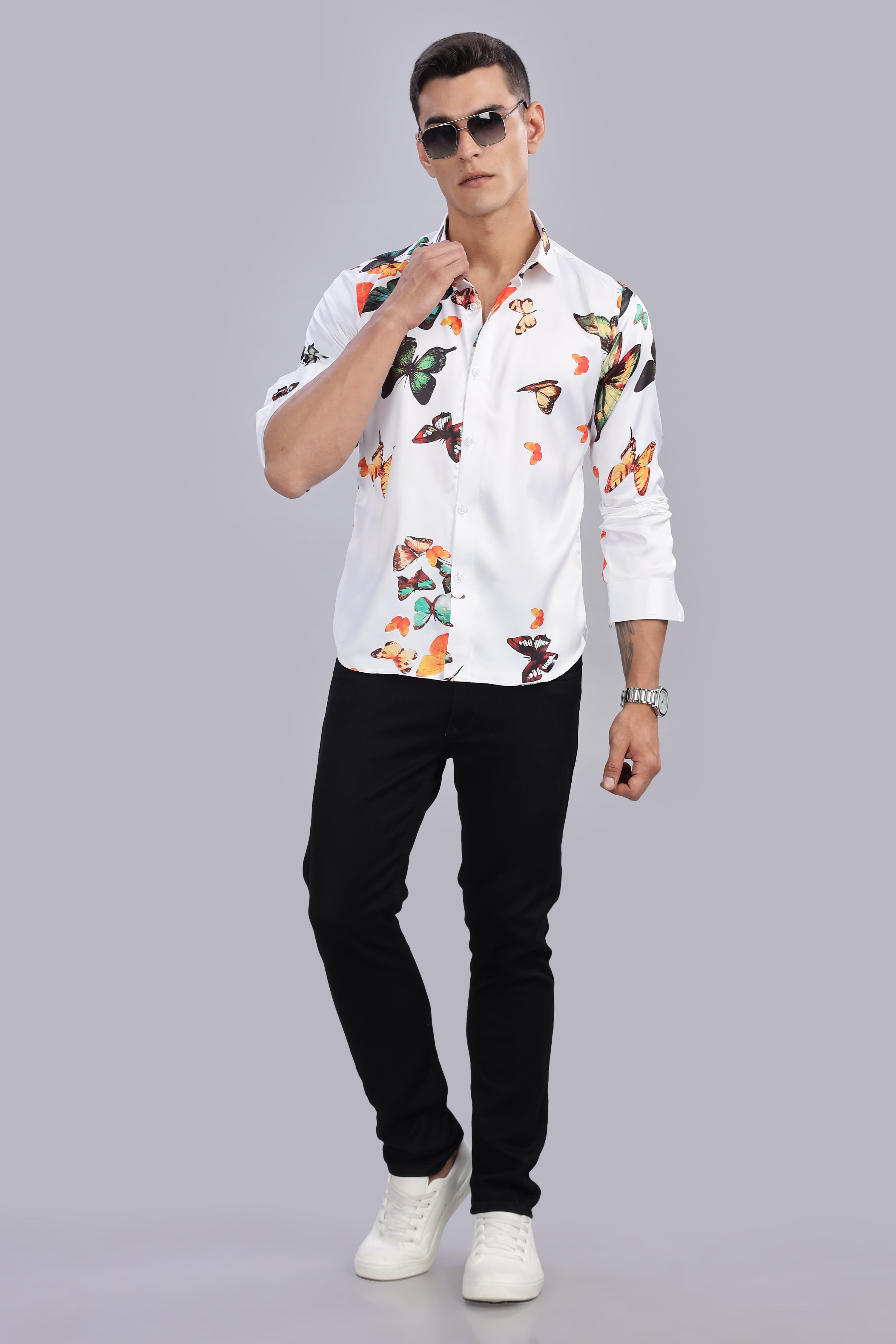 SMOKE BUTTERFLY SATIN PRINTED SHIRT [WHITE]