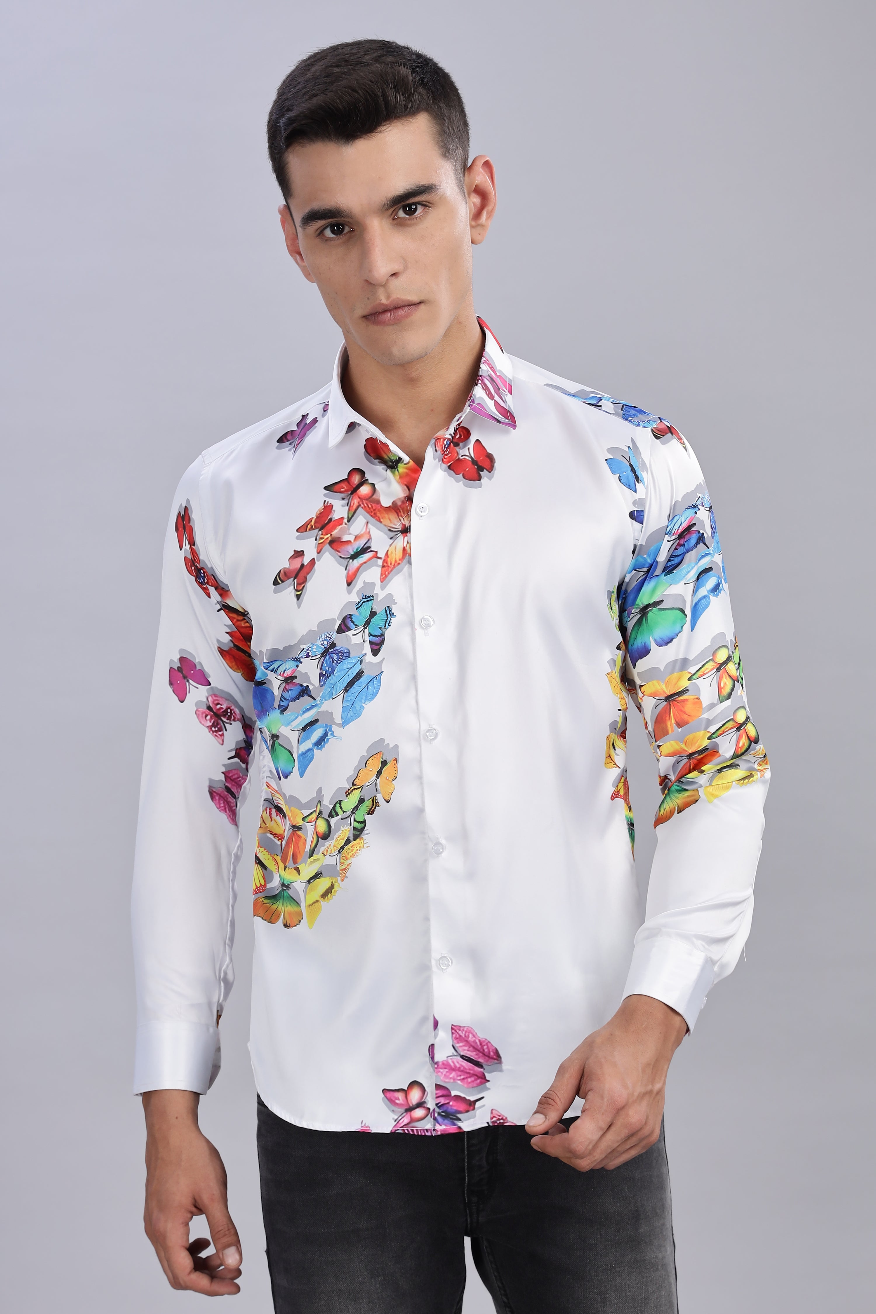Smoke Butterfly Satin Printed Shirt – White | Luxury Men’s Wear