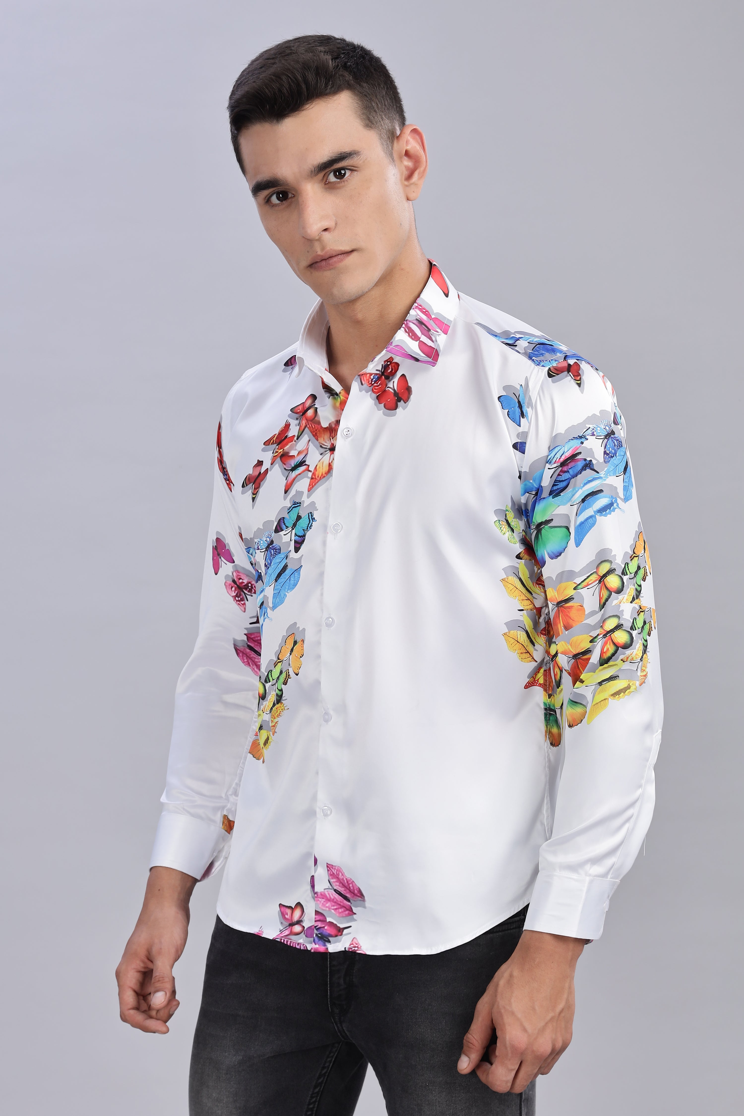 Smoke Butterfly Satin Printed Shirt – White | Luxury Men’s Wear