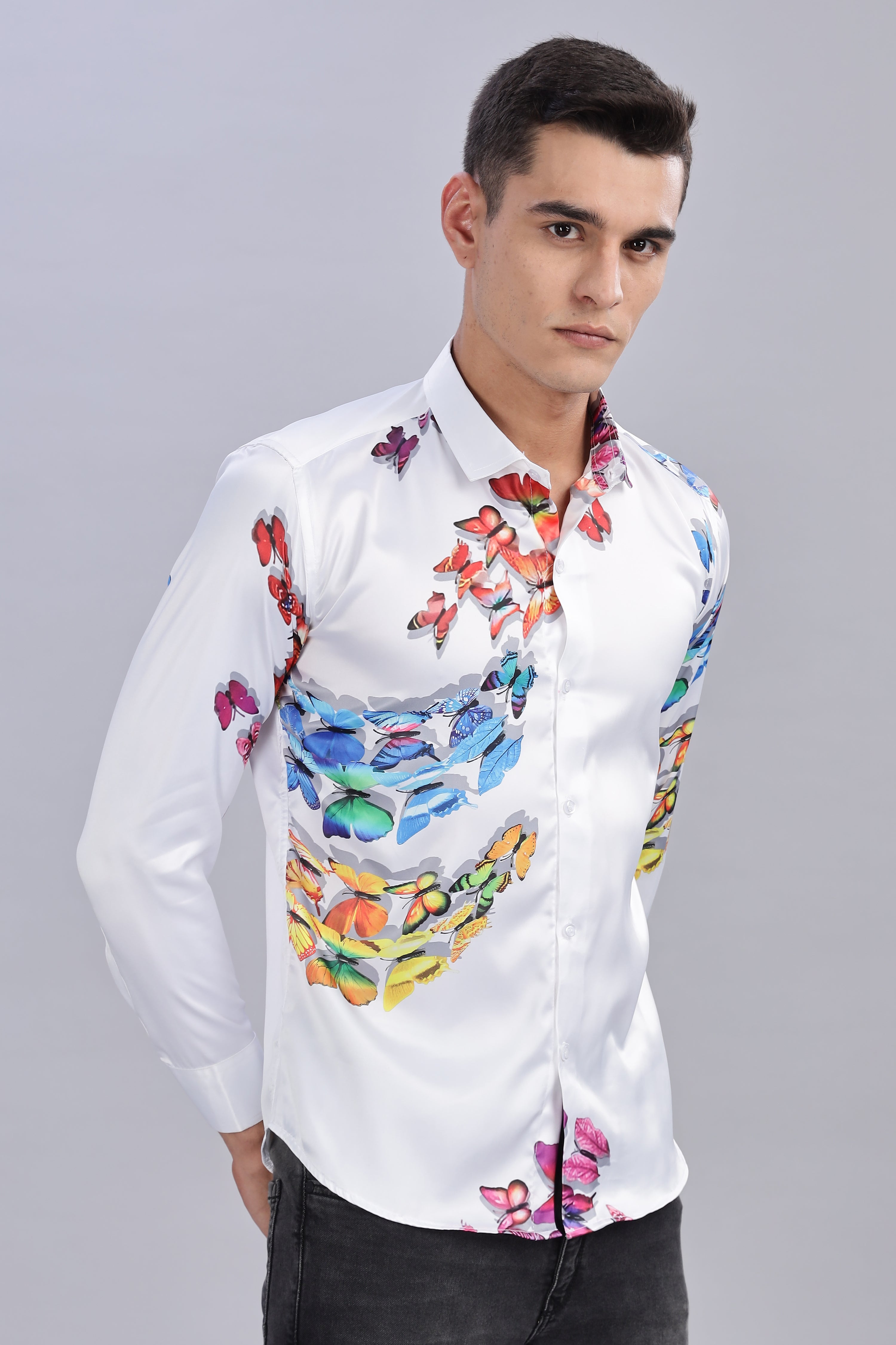 Smoke Butterfly Satin Printed Shirt – White | Luxury Men’s Wear