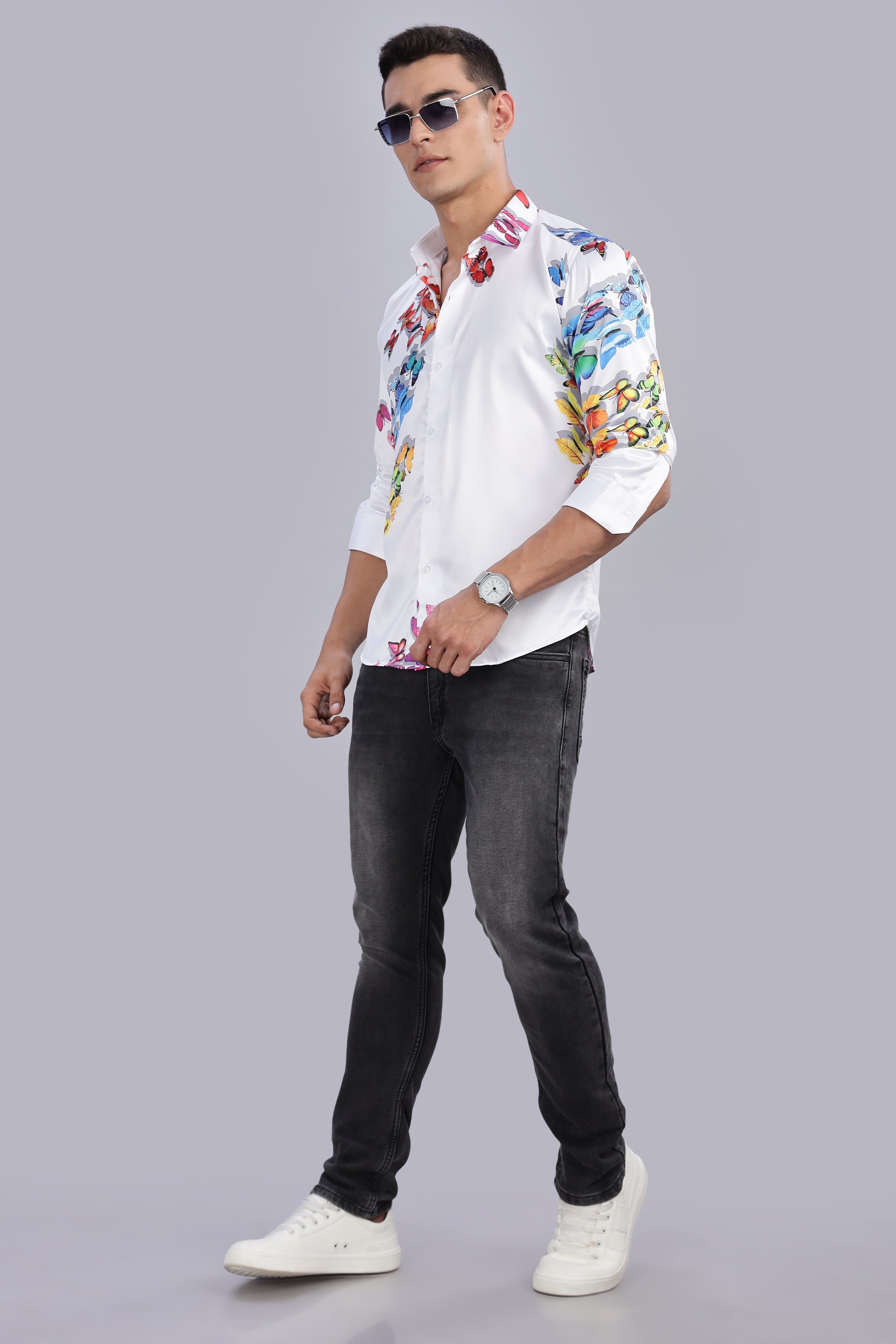 Smoke Butterfly Satin Printed Shirt – White | Luxury Men’s Wear