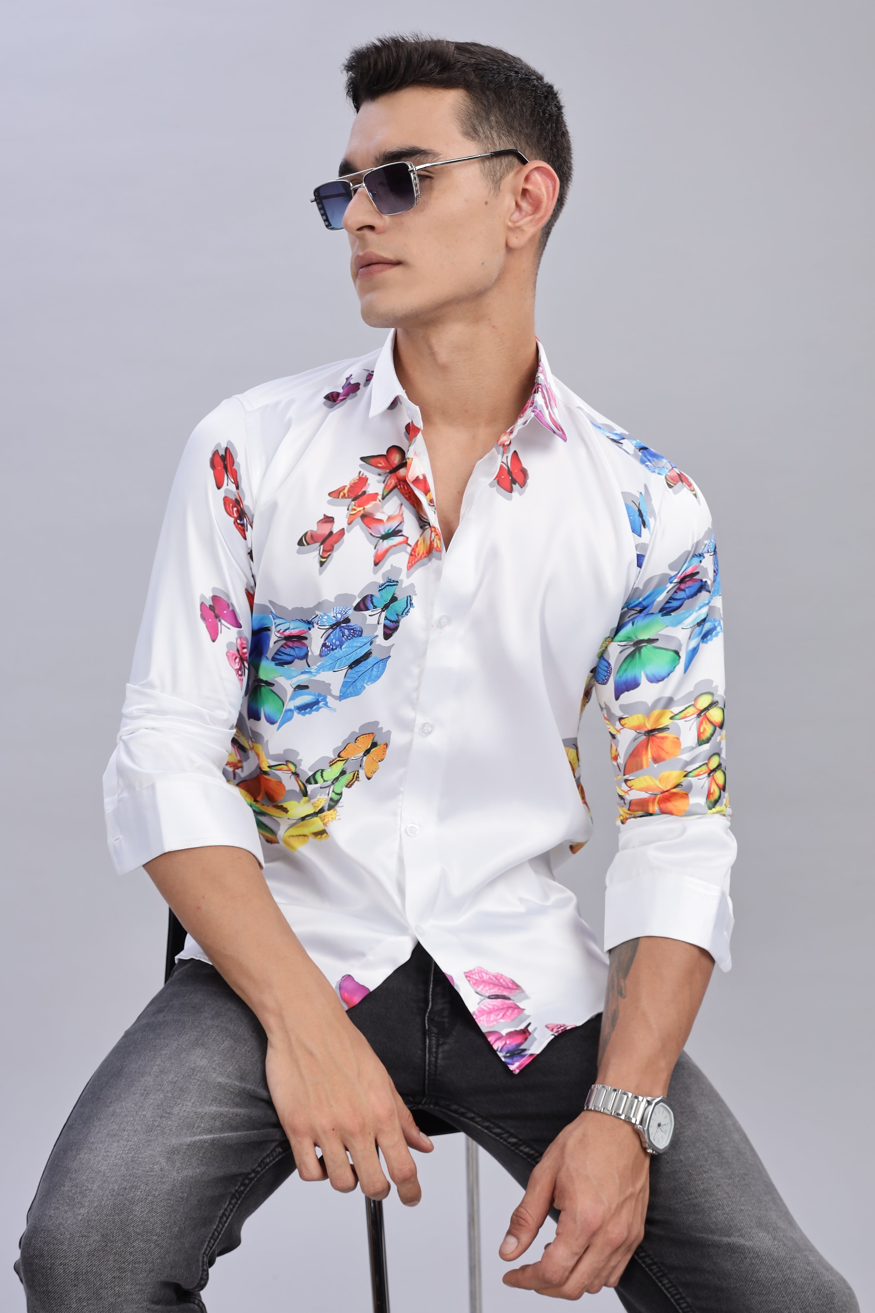 Smoke Butterfly Satin Printed Shirt – White | Luxury Men’s Wear
