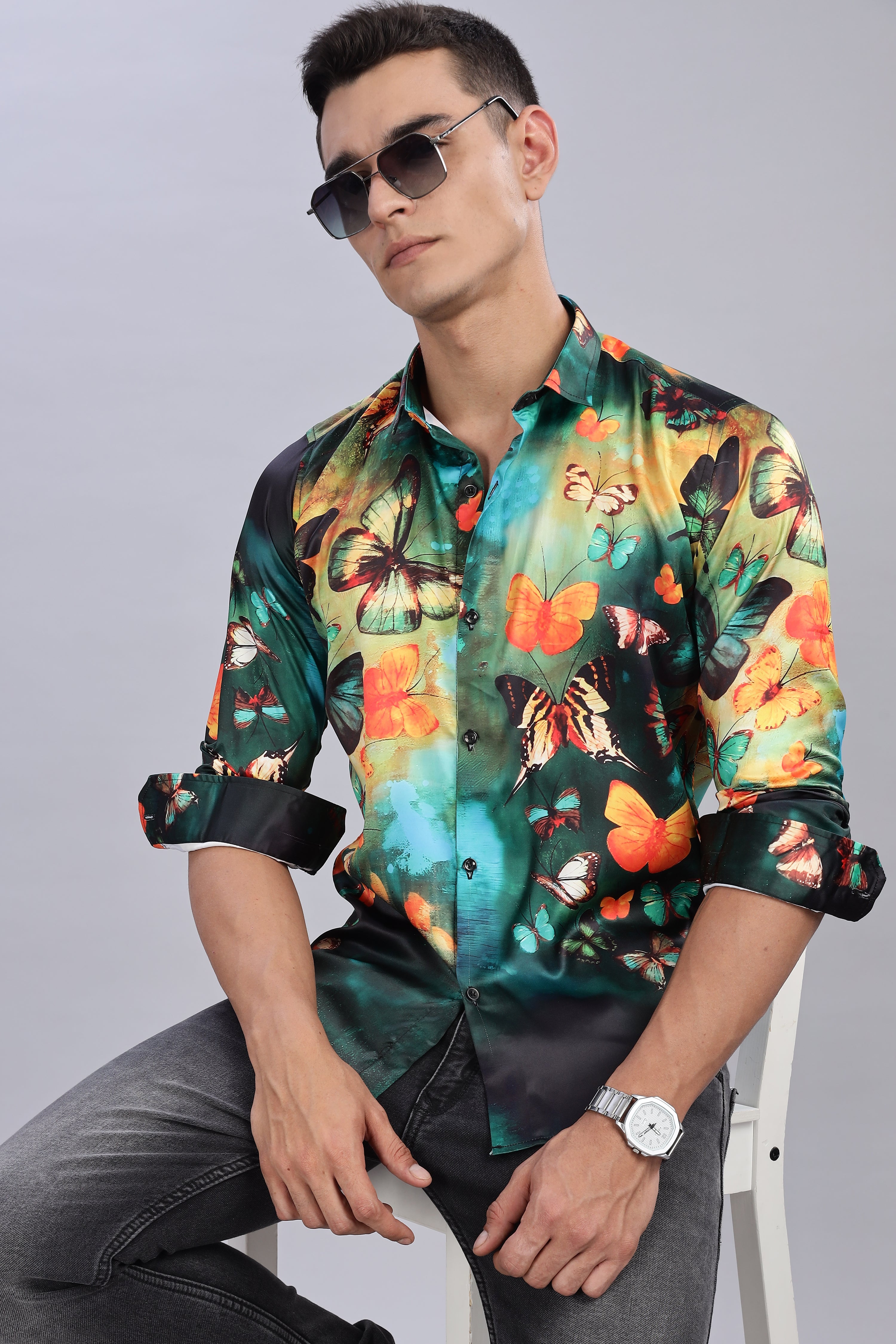 SMOKE ILLUSION BUTTERFLY SATIN SHIRT