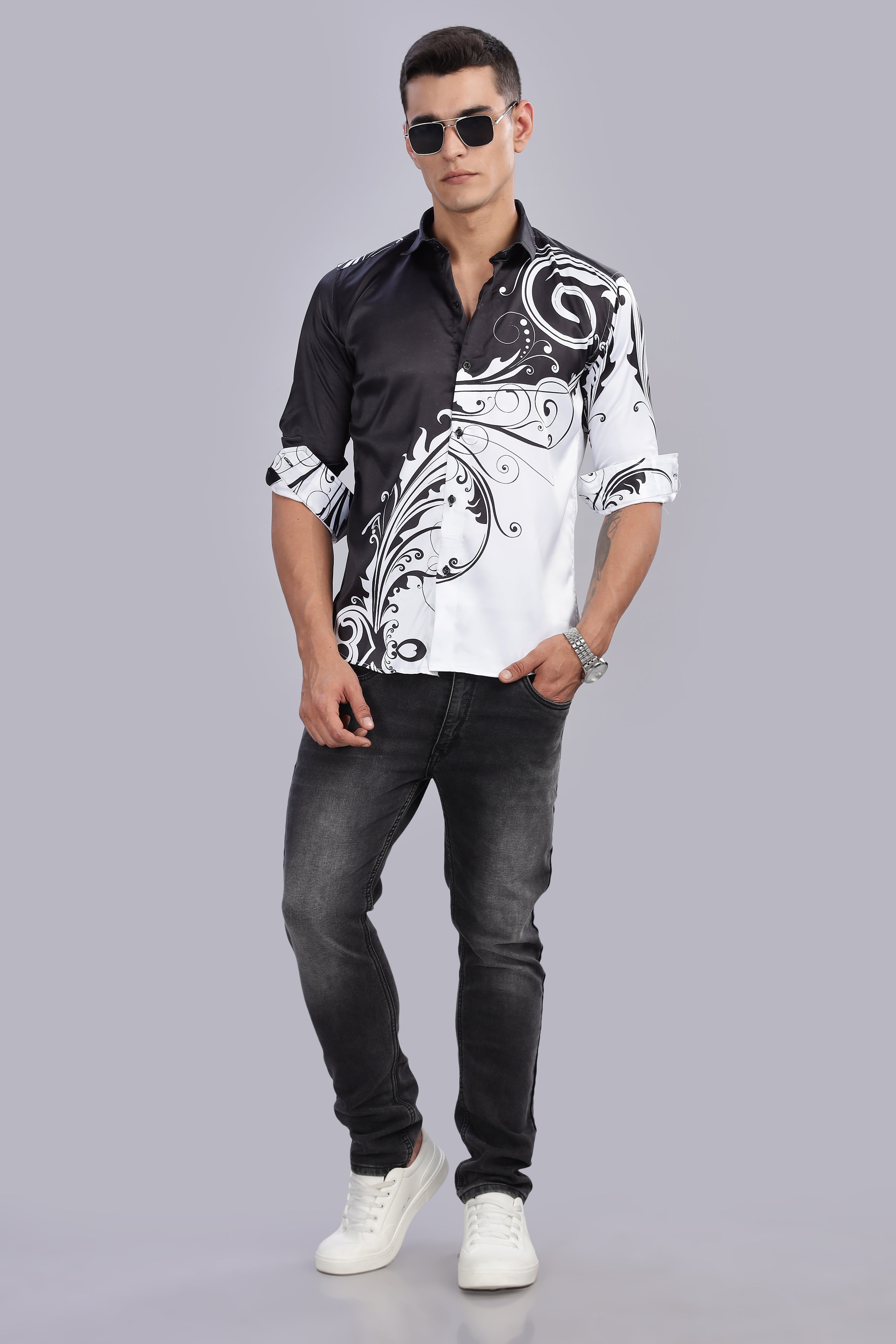 Smoke Floral Satin Printed Shirt – White | Luxury Men’s Shirt