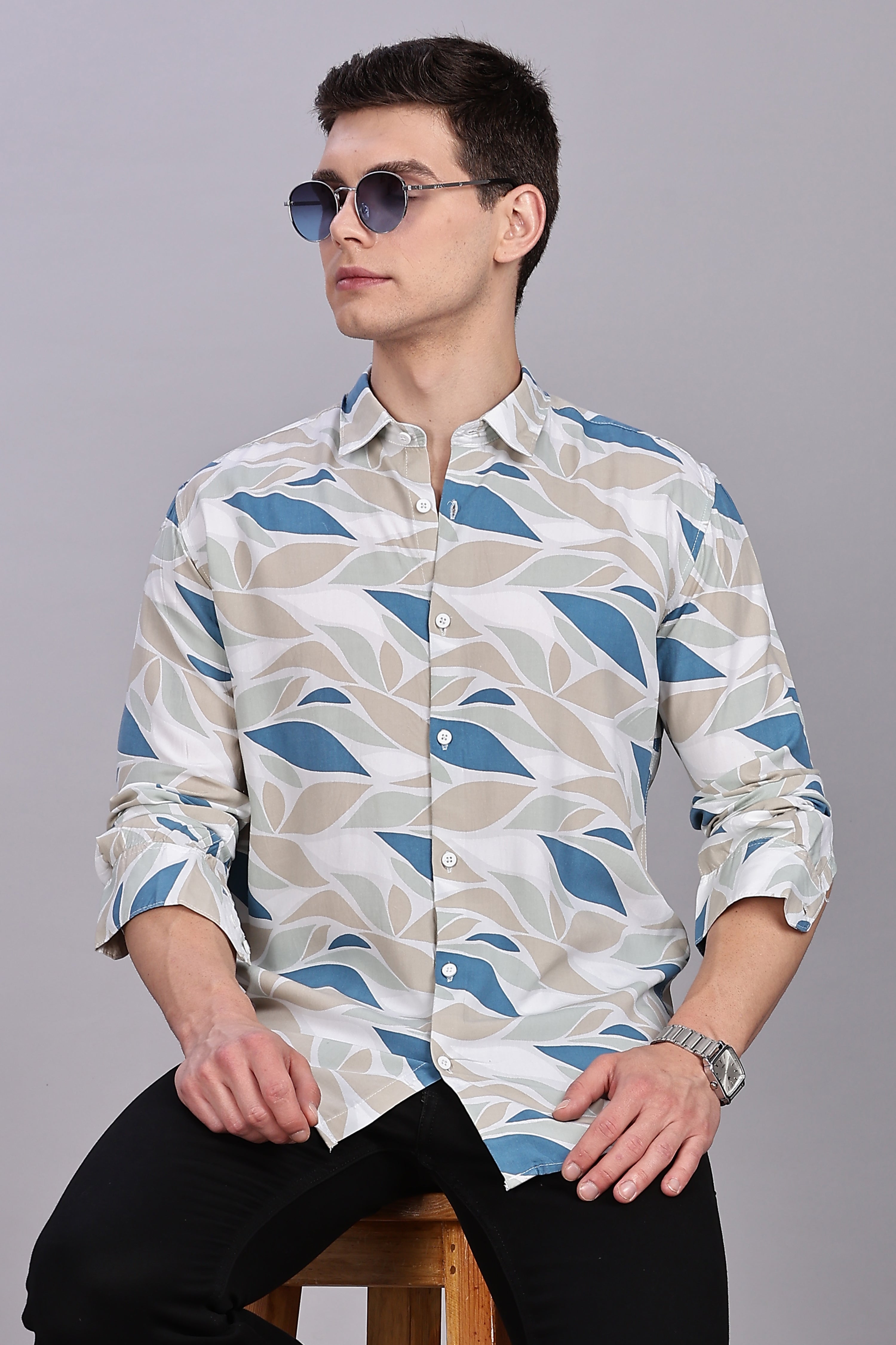 SMOKE ABSTRACT RAYON PRINTED SHIRT [blue]
