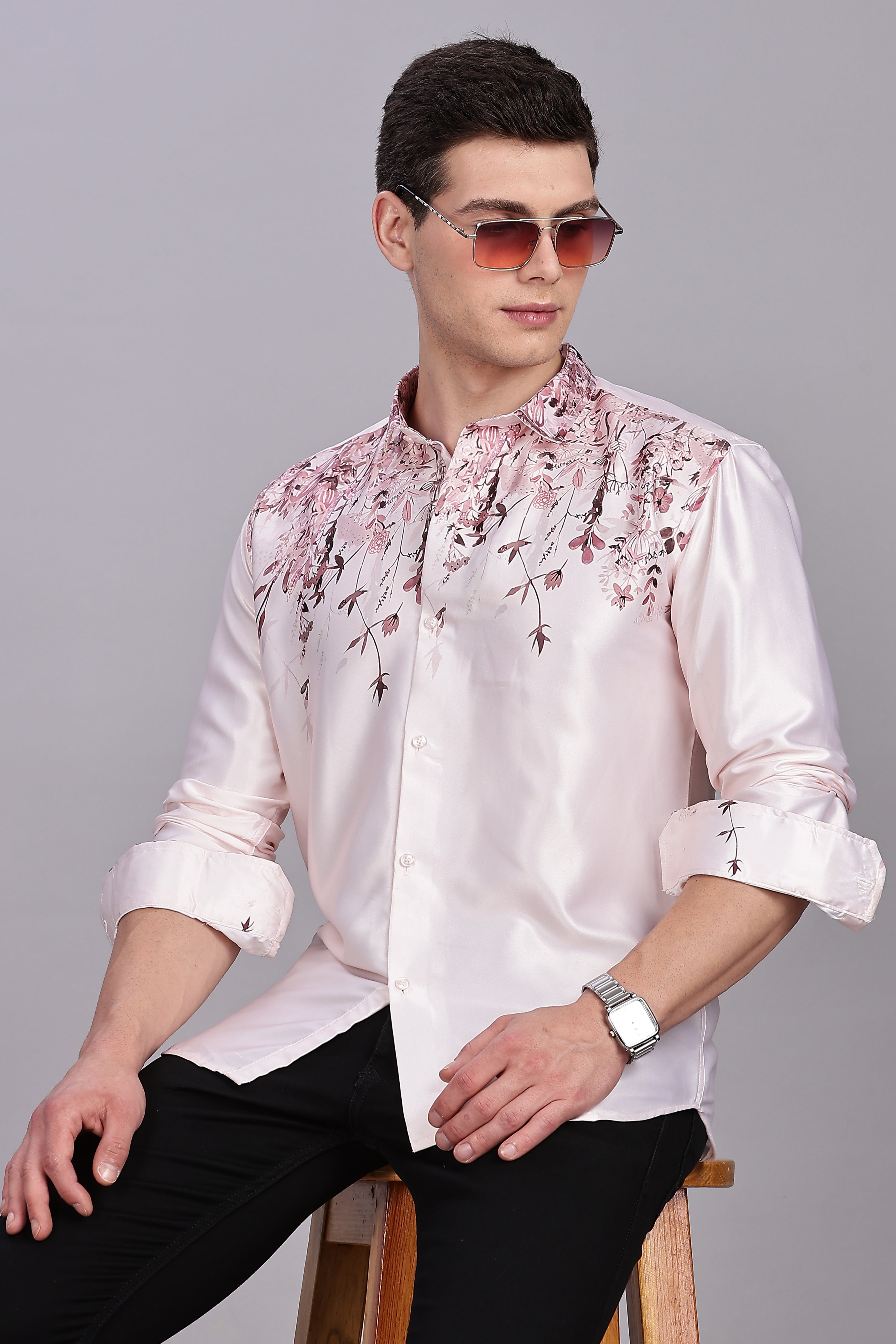 SMOKE FLORAL PEACHY PINK SATIN SHIRT [pink]