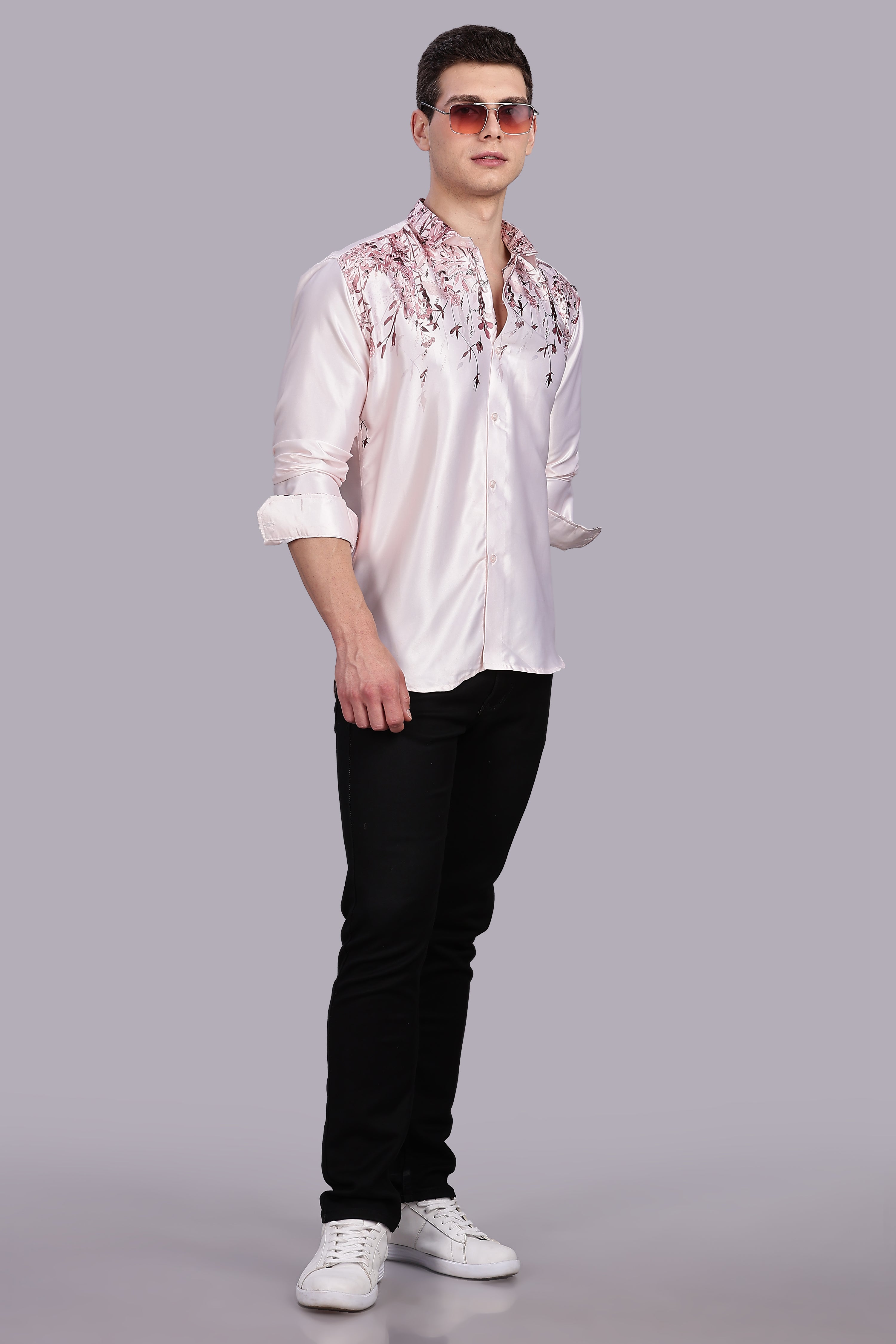 SMOKE FLORAL PEACHY PINK SATIN SHIRT [pink]