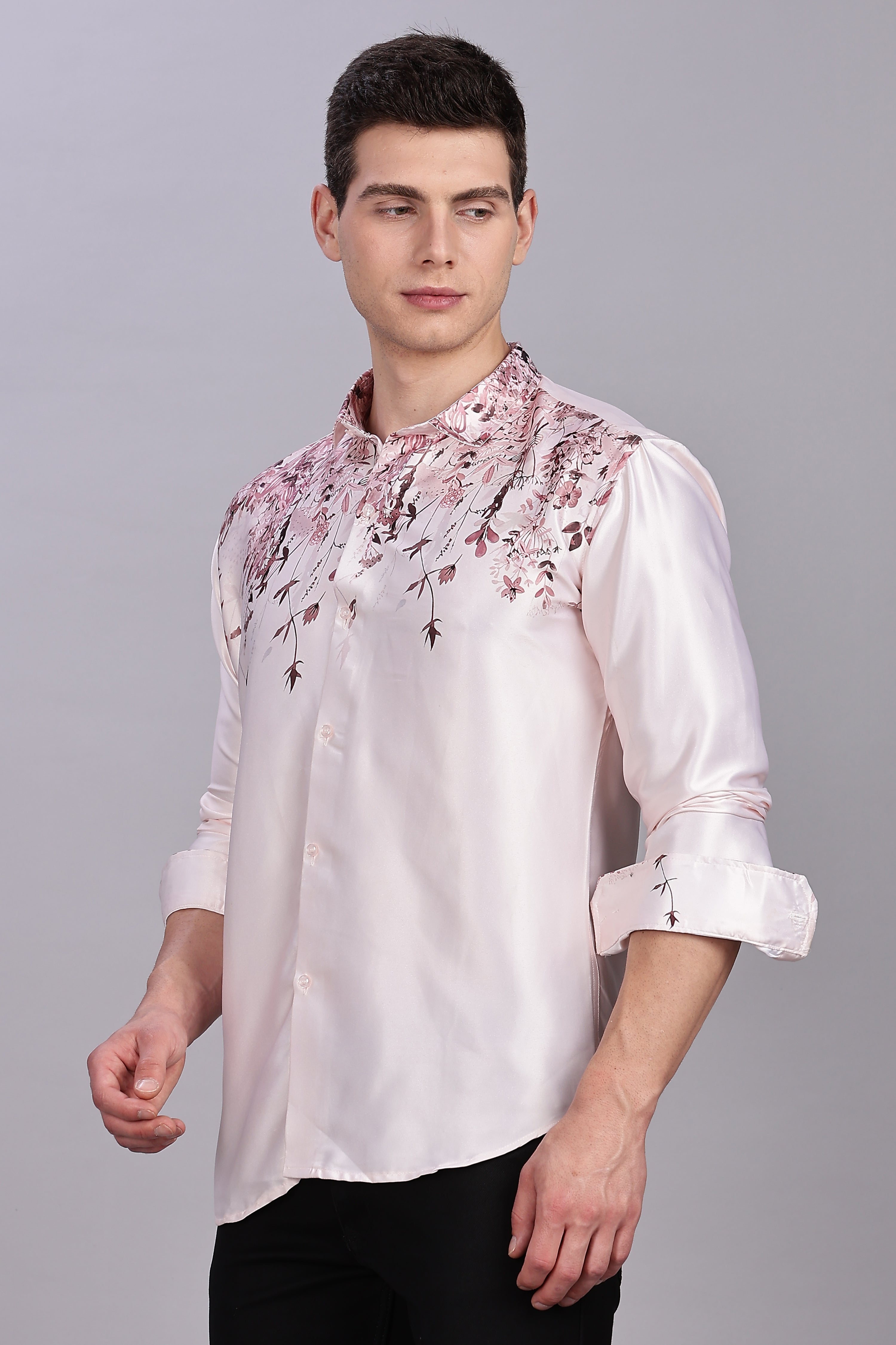SMOKE FLORAL PEACHY PINK SATIN SHIRT [pink]