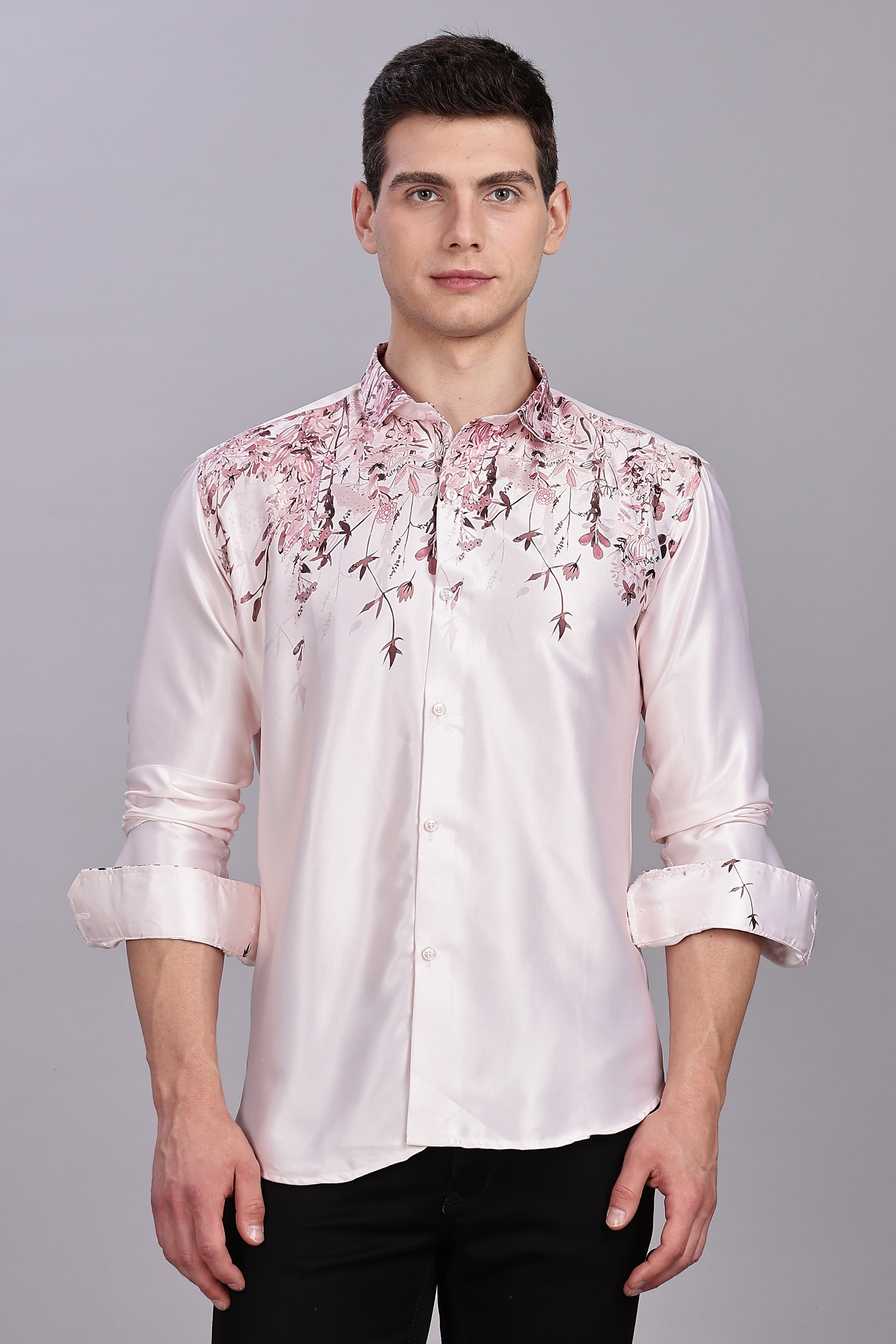 SMOKE FLORAL PEACHY PINK SATIN SHIRT [pink]