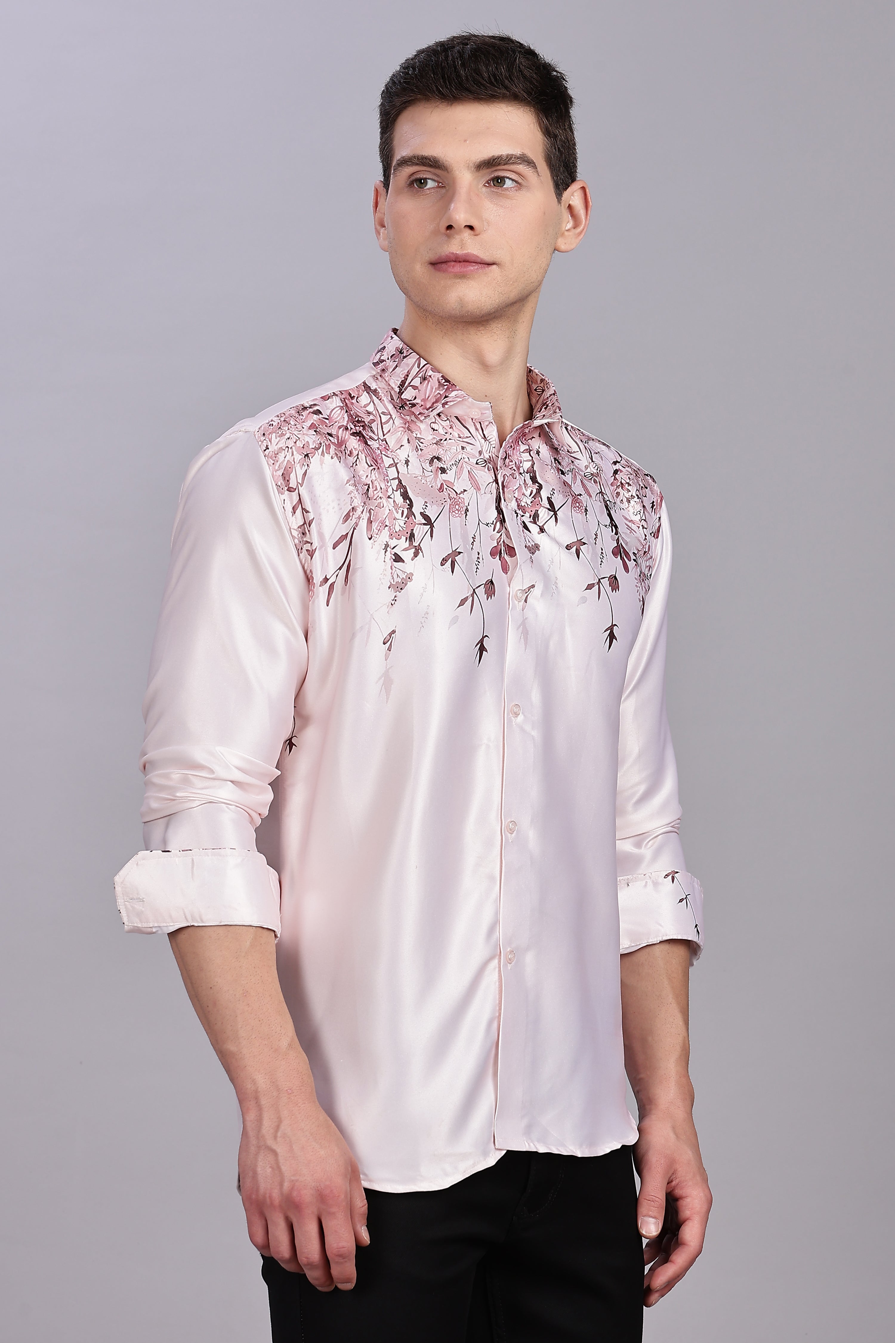 SMOKE FLORAL PEACHY PINK SATIN SHIRT [pink]