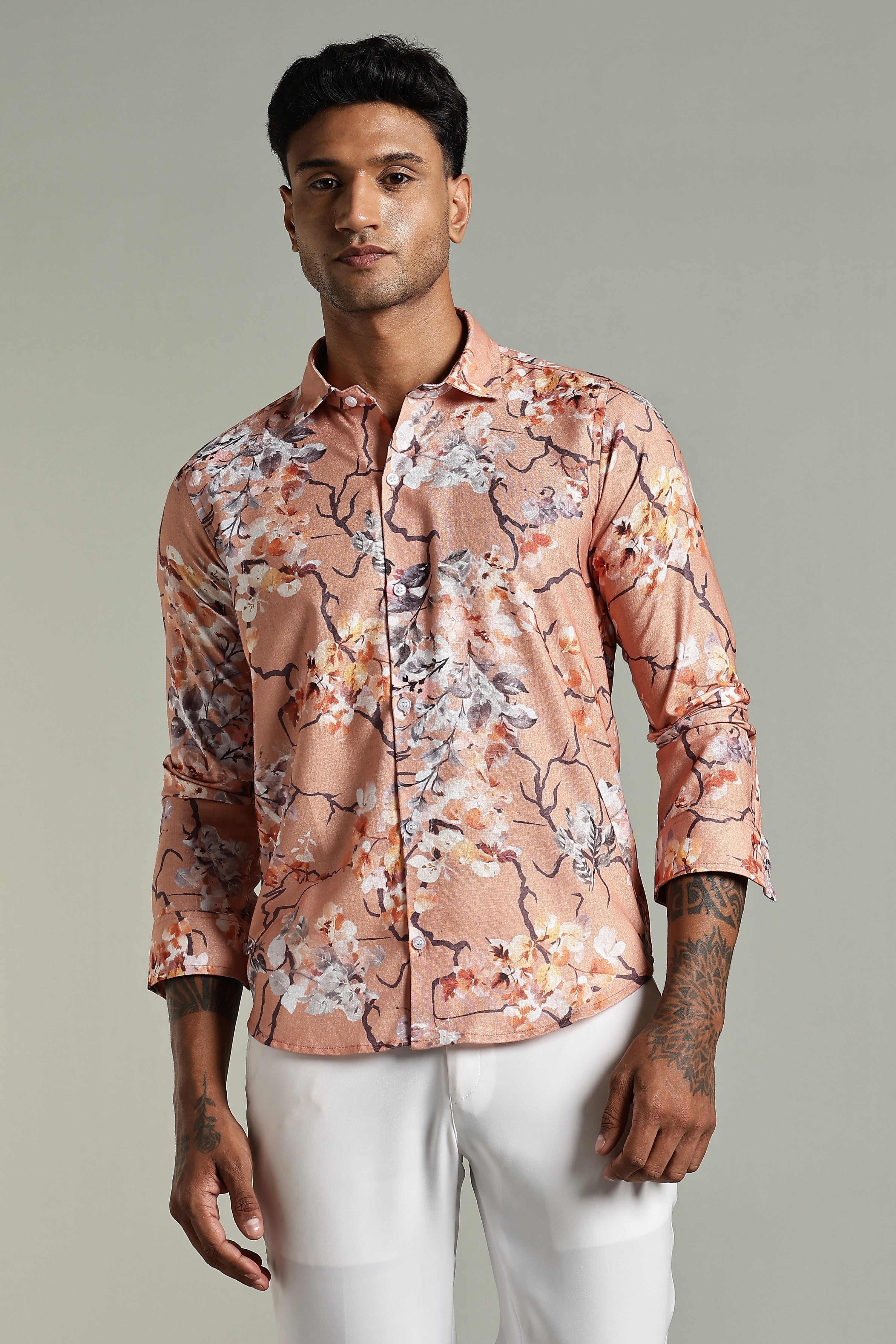 SMOKE LINEN FLORAL PRINTED SHIRT