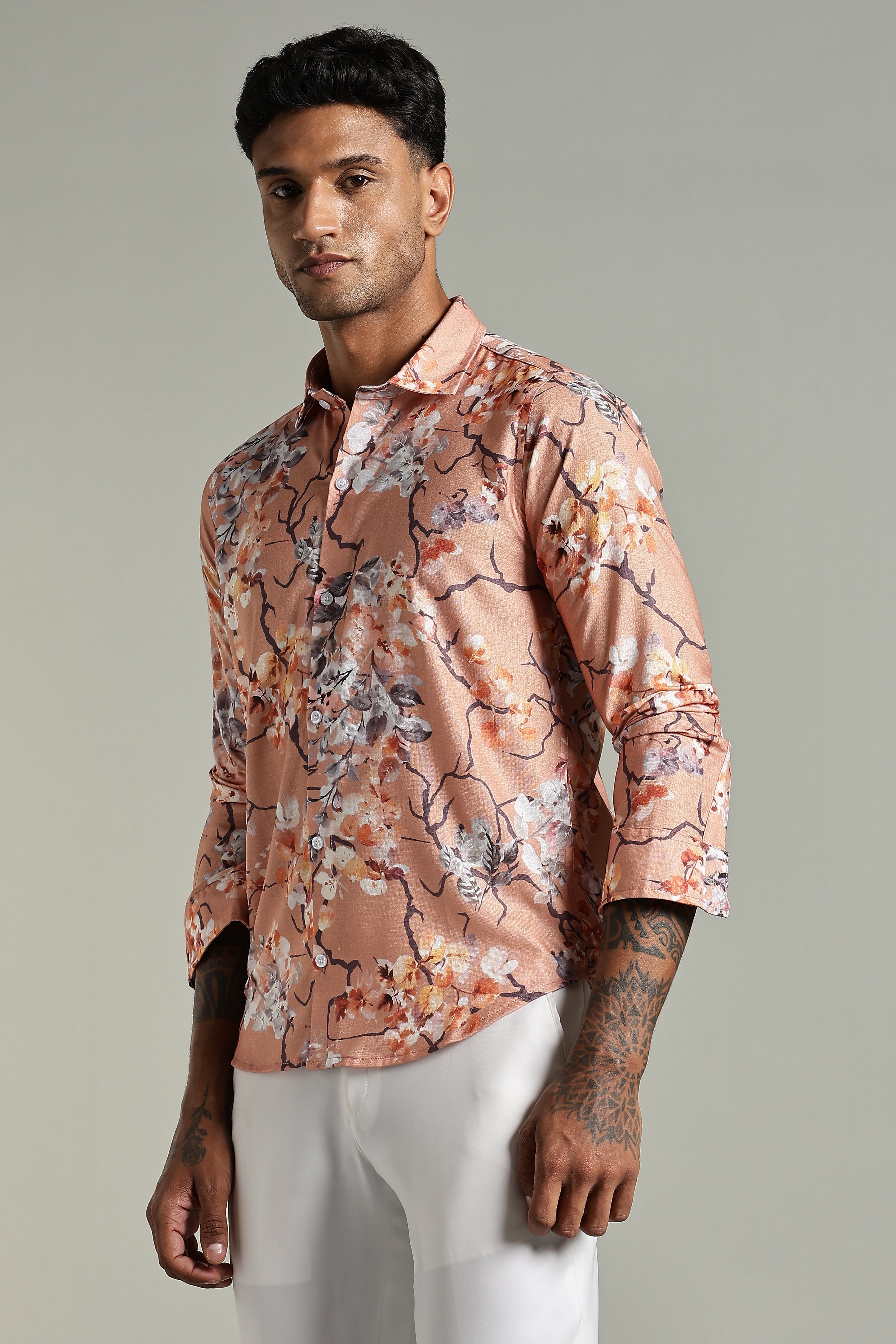 SMOKE LINEN FLORAL PRINTED SHIRT