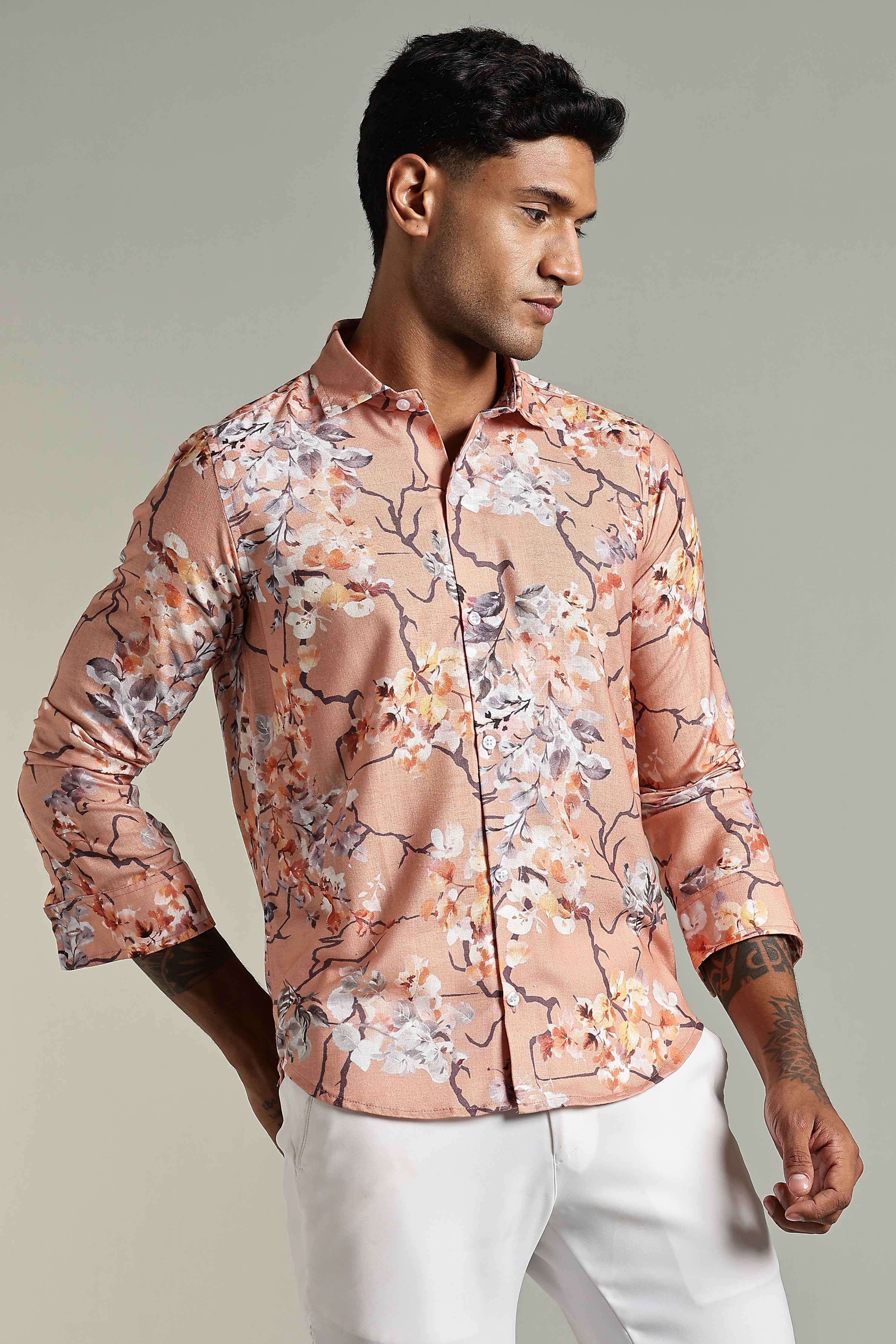 SMOKE LINEN FLORAL PRINTED SHIRT