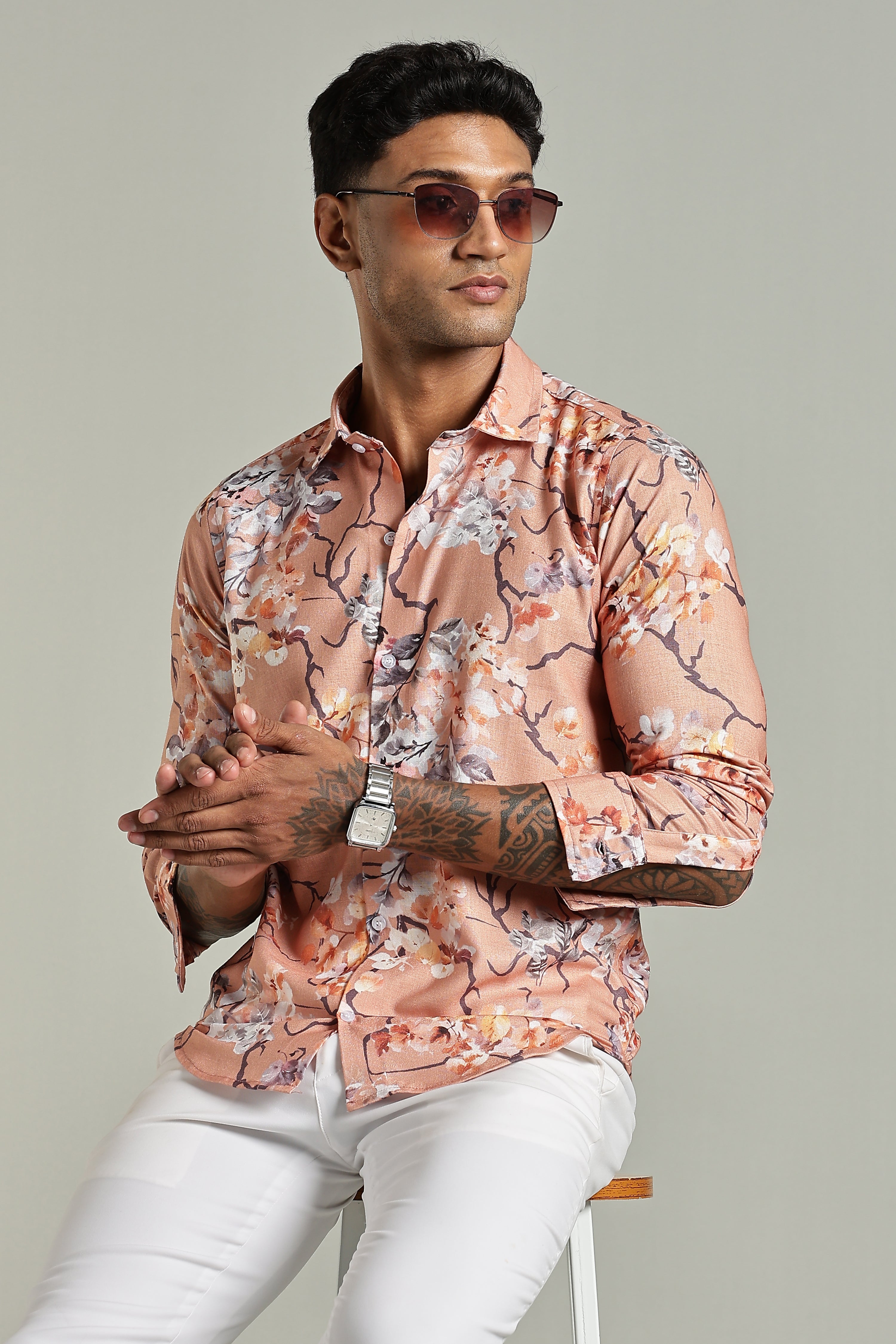 SMOKE LINEN FLORAL PRINTED SHIRT