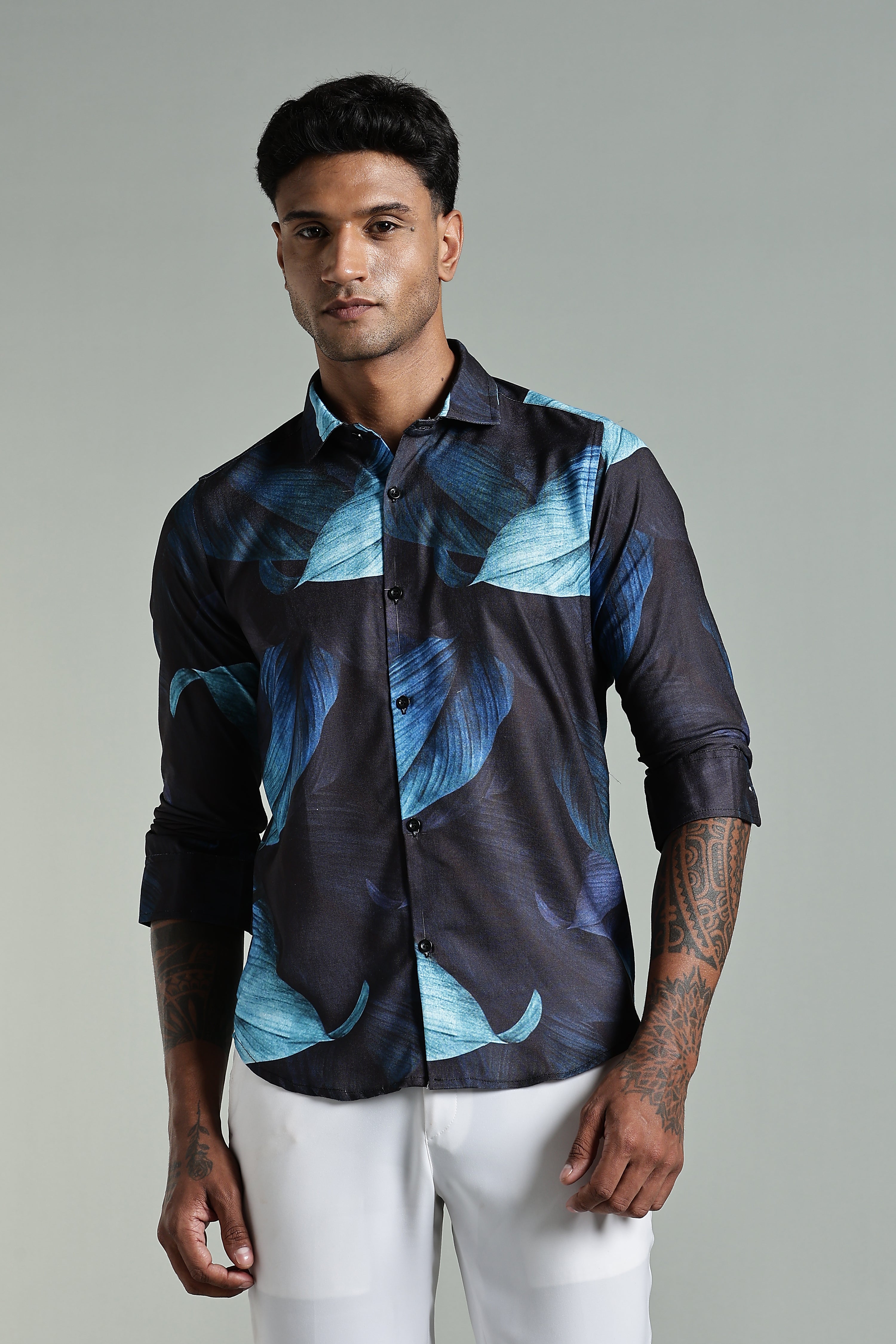 SMOKE OBLONG BLACK LINEN PRINTED SHIRT