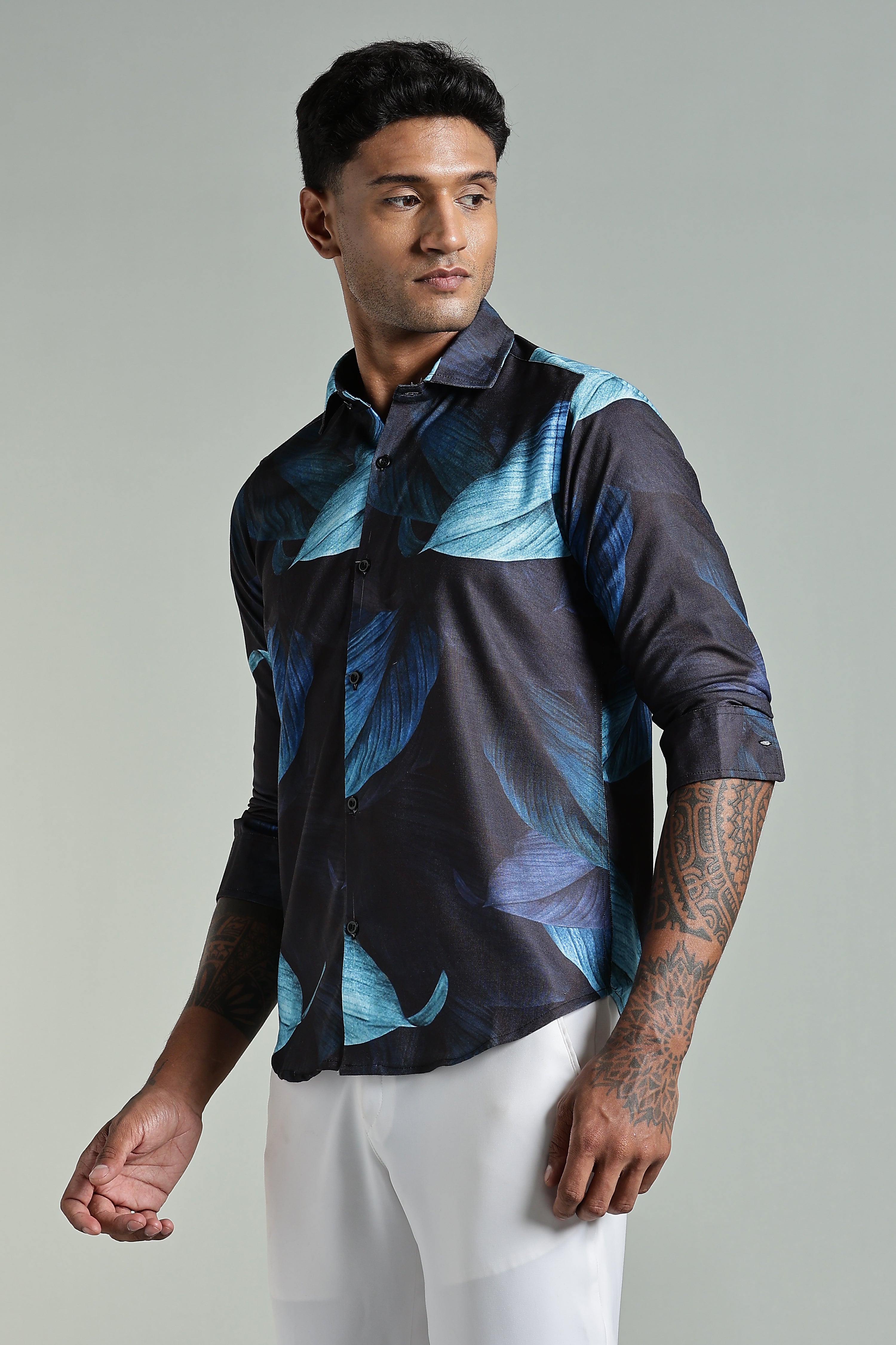 SMOKE OBLONG BLACK LINEN PRINTED SHIRT