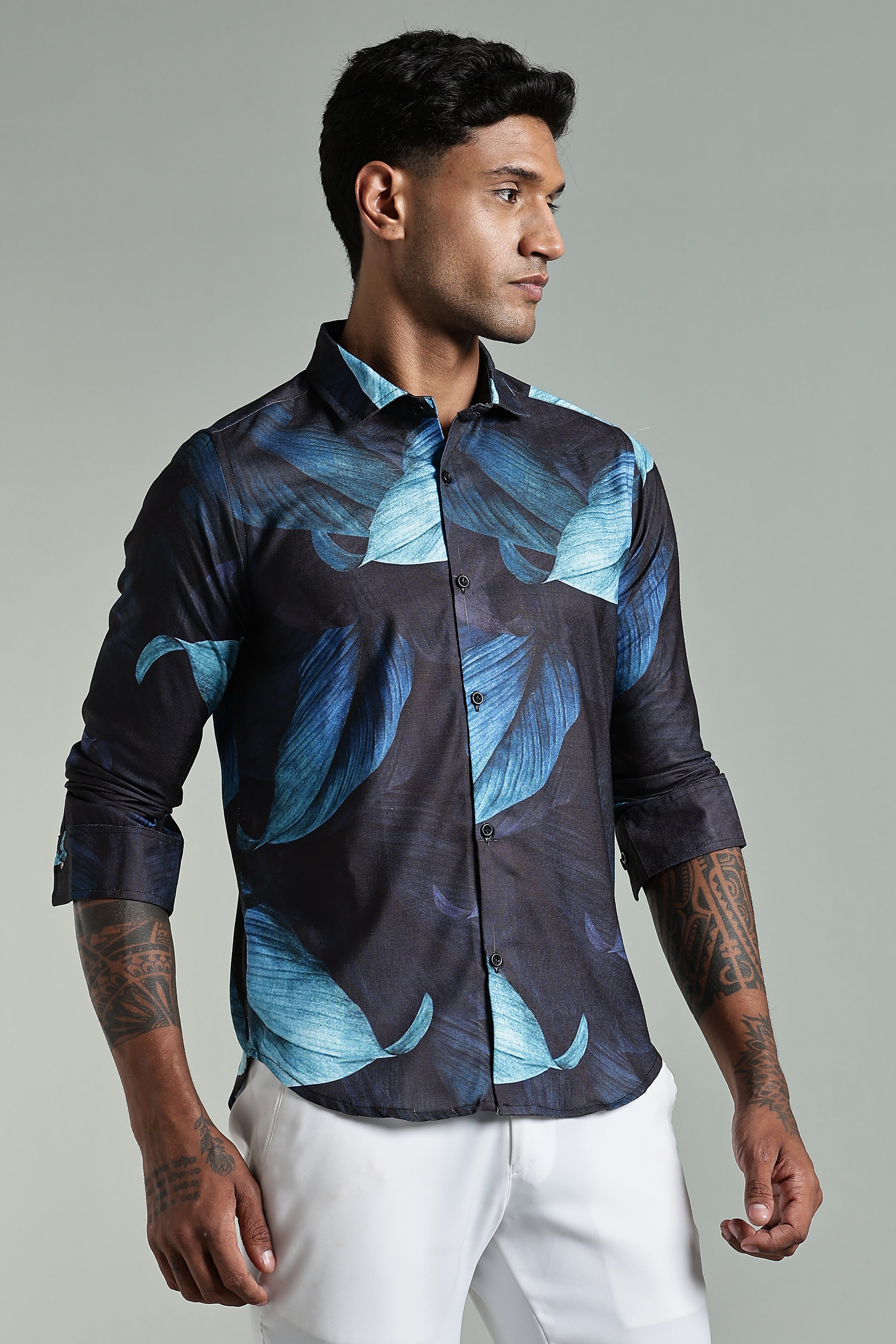 SMOKE OBLONG BLACK LINEN PRINTED SHIRT