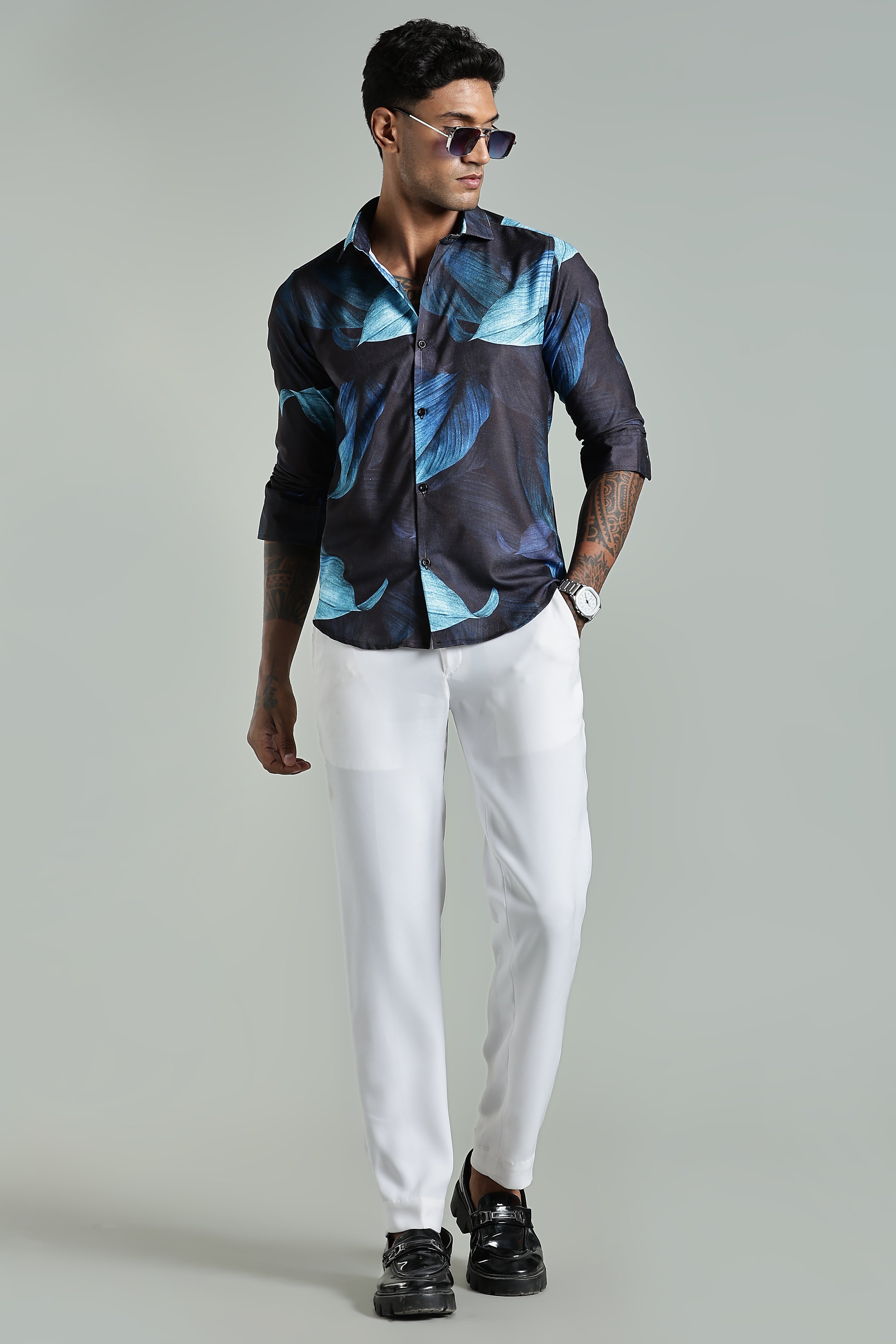 SMOKE OBLONG BLACK LINEN PRINTED SHIRT