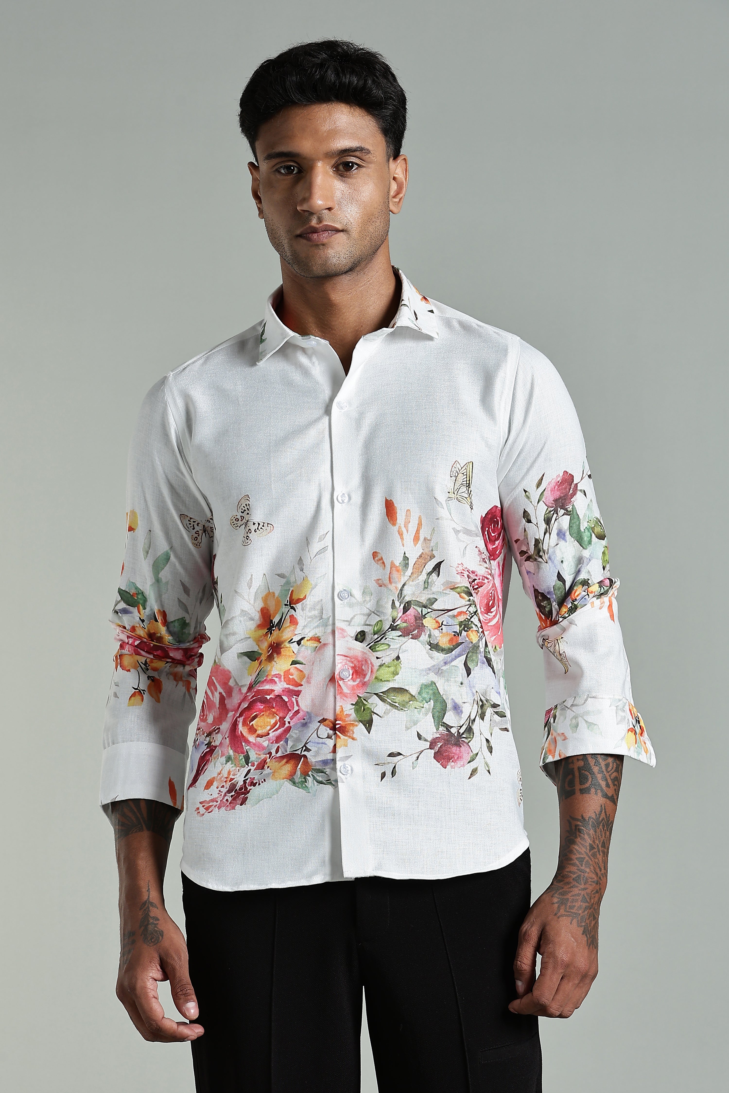 SMOKE LINEN FLORAL SHIRT [white]