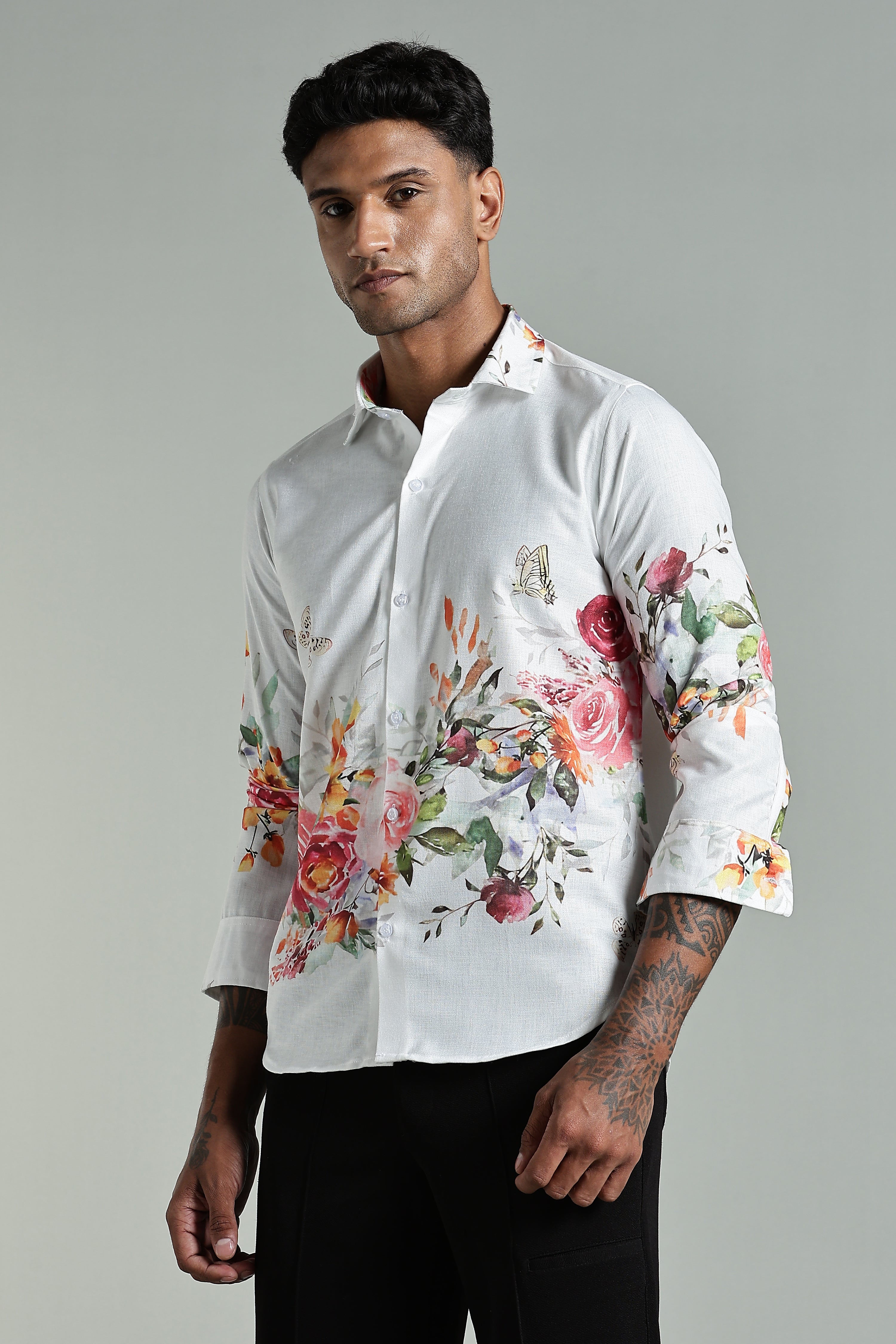 SMOKE LINEN FLORAL SHIRT [white]
