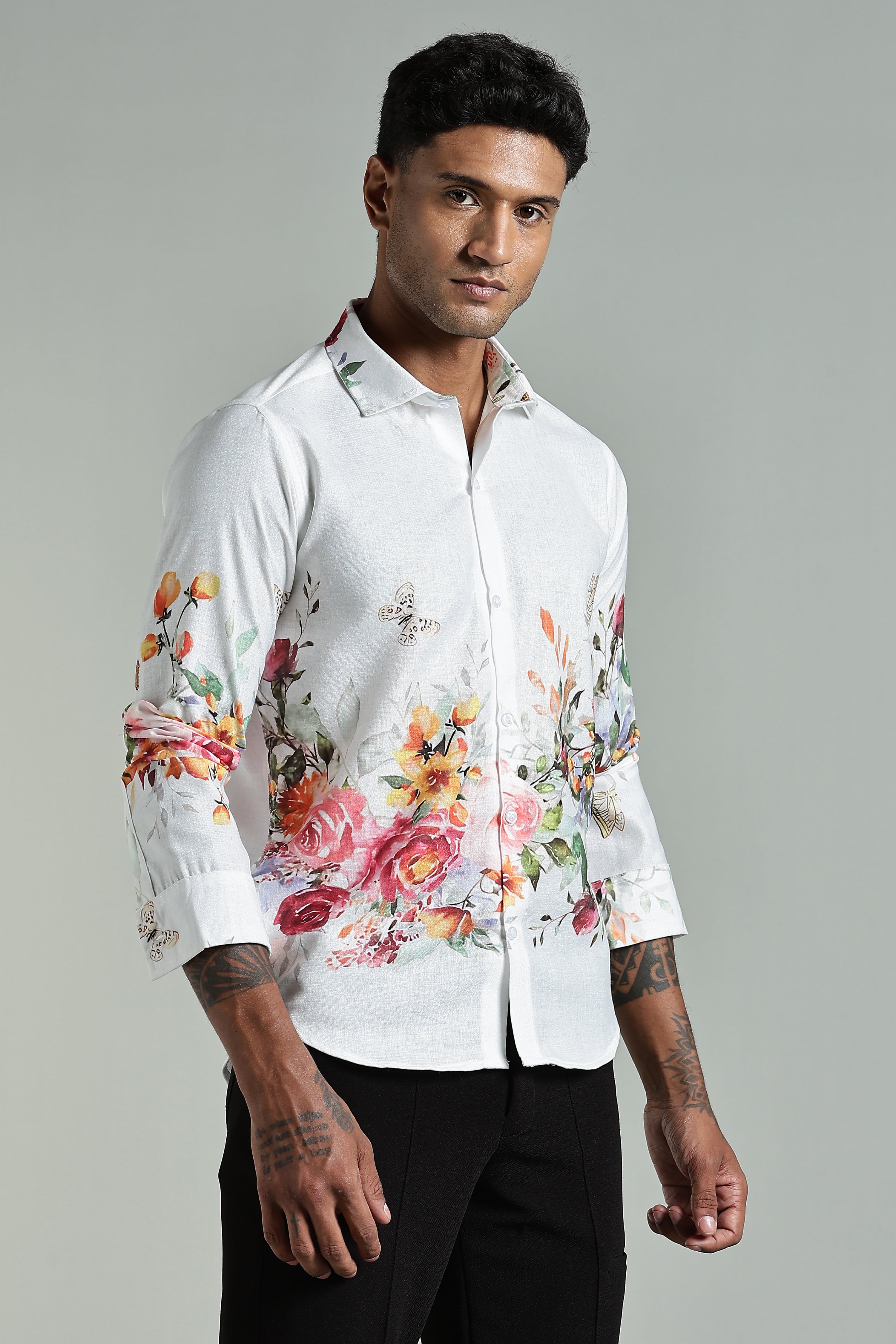 SMOKE LINEN FLORAL SHIRT [white]