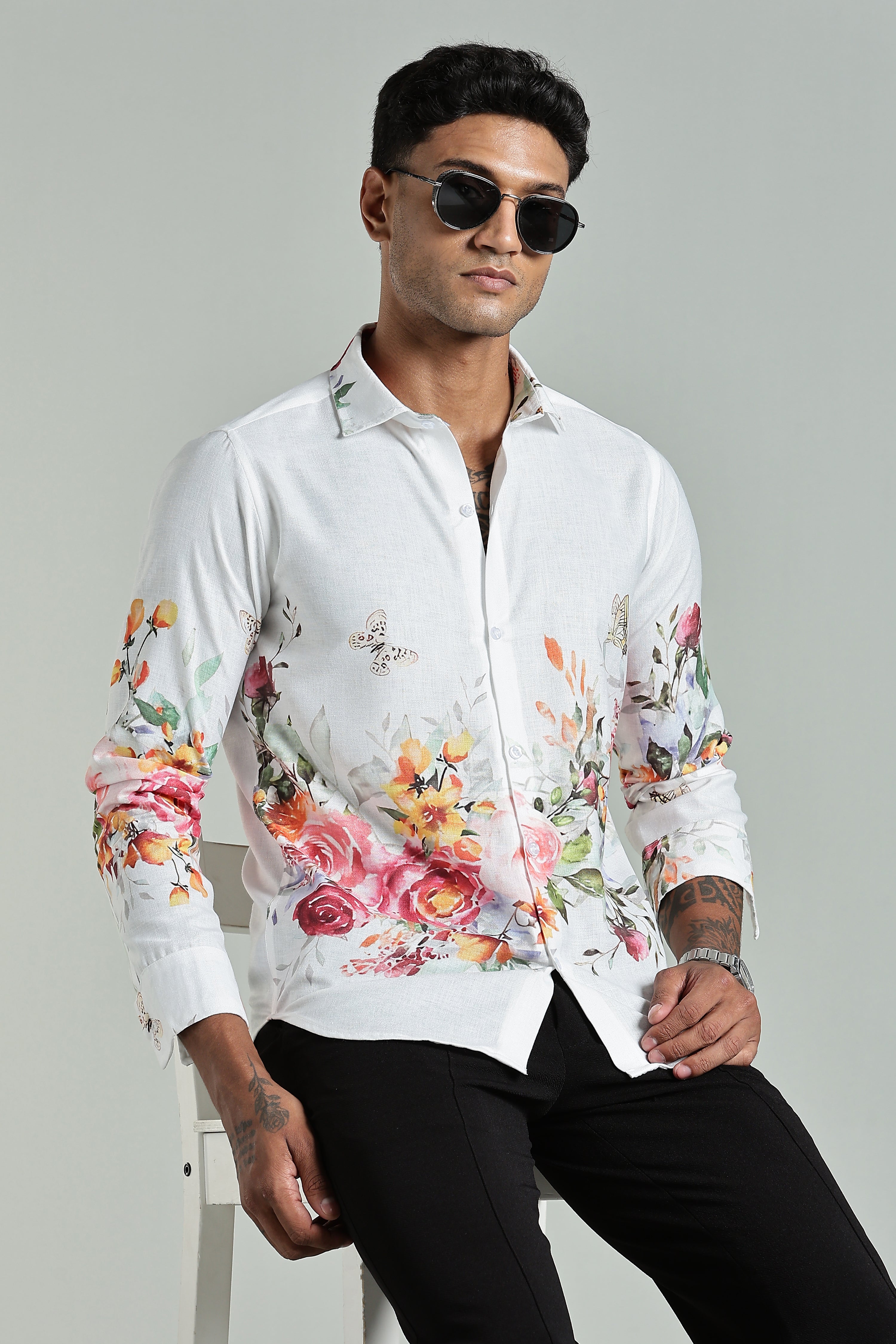SMOKE LINEN FLORAL SHIRT [white]