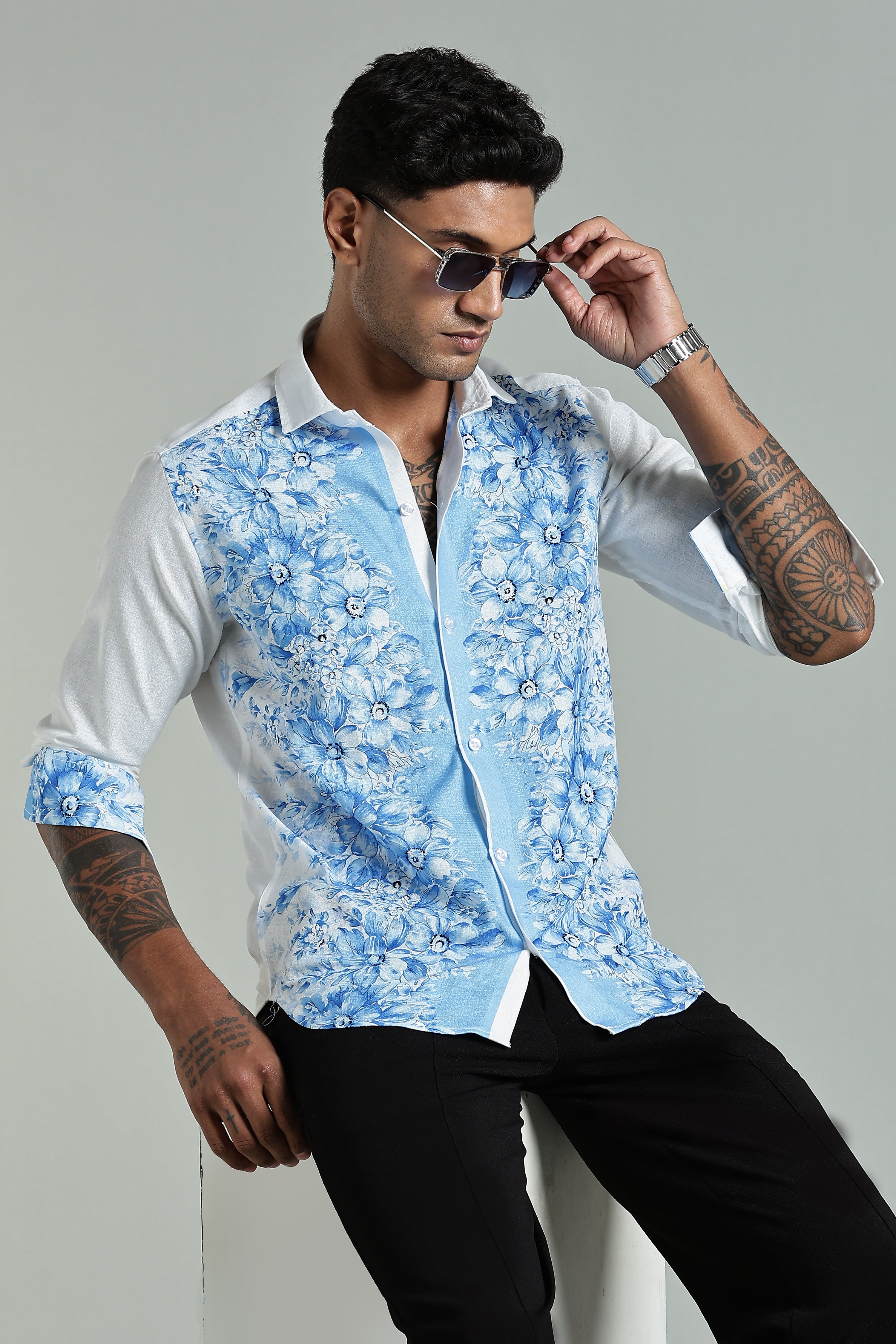 SMOKE FLORAL LINEN SHIRT [white]
