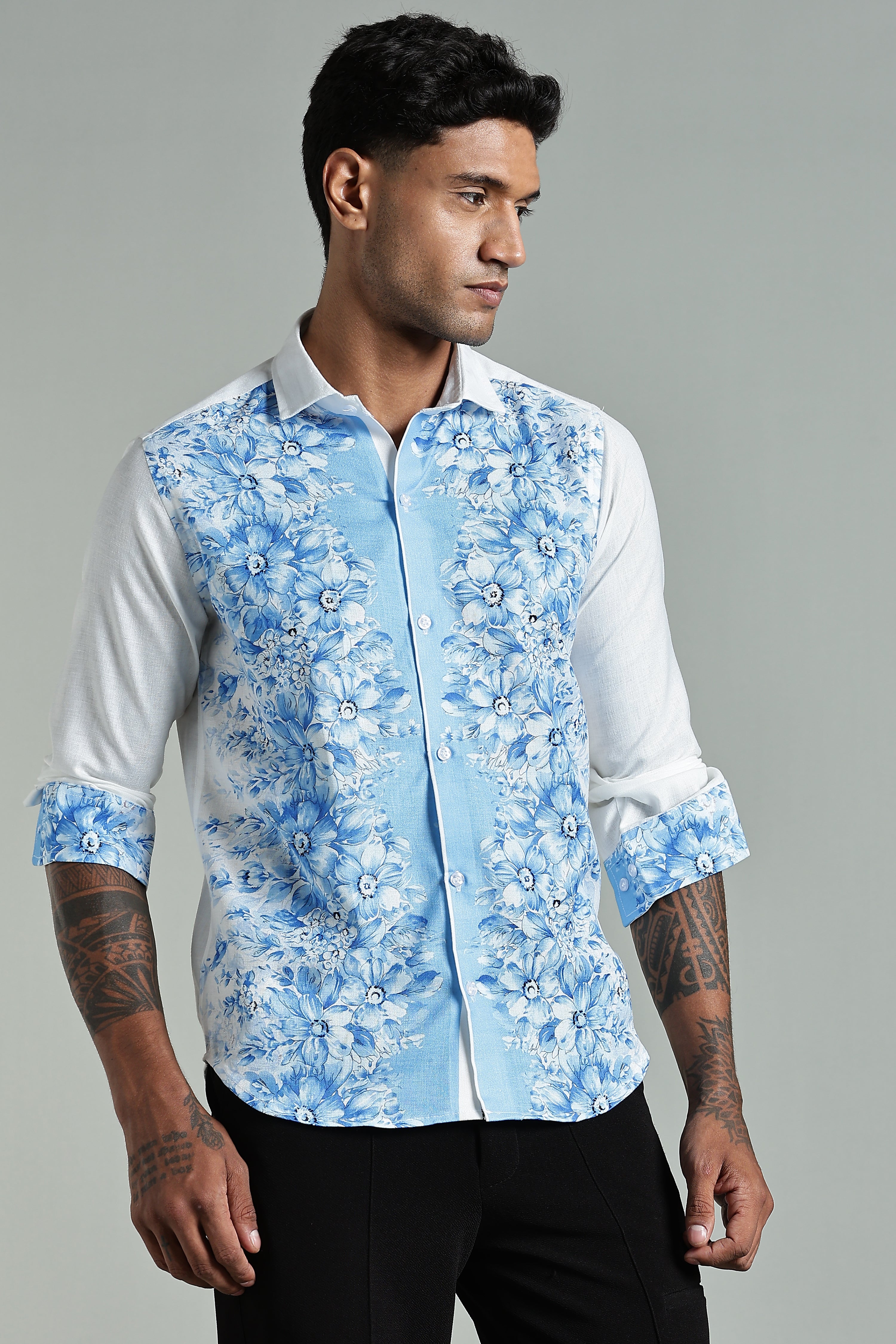 SMOKE FLORAL LINEN SHIRT [white]